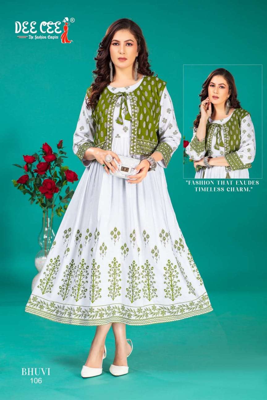 bhuvi by deecee 101-106 series rayon designer fancy kurtis latest catalogue wholesale supplier surat 