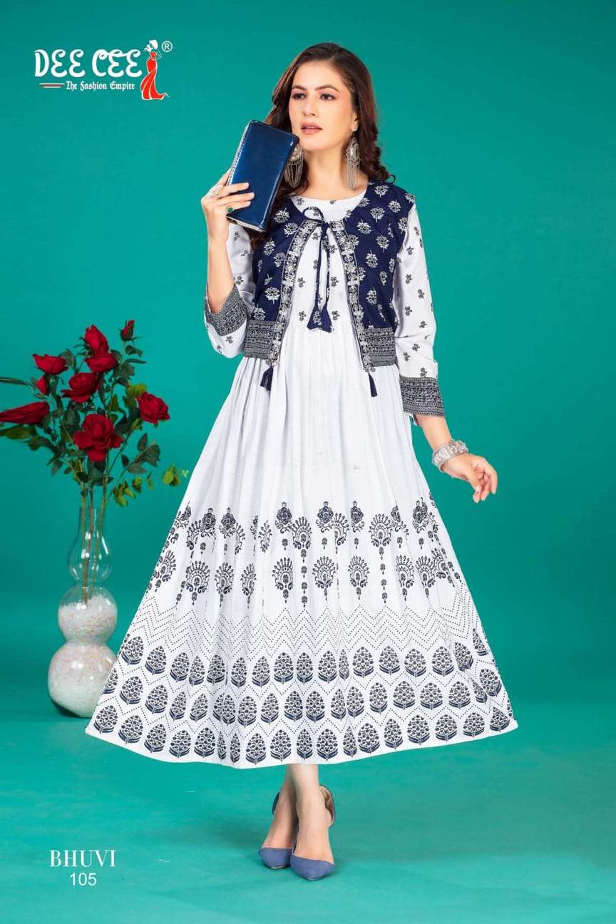 bhuvi by deecee 101-106 series rayon designer fancy kurtis latest catalogue wholesale supplier surat 