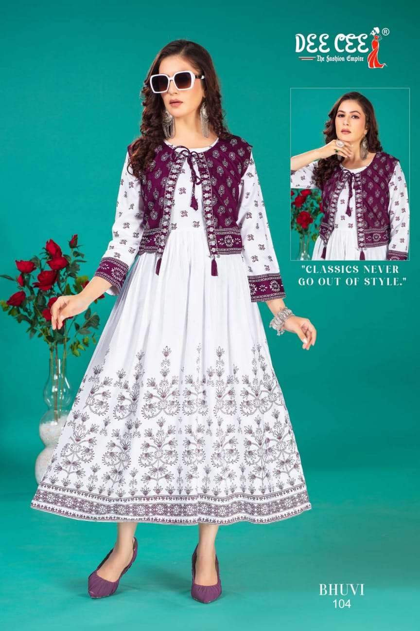 bhuvi by deecee 101-106 series rayon designer fancy kurtis latest catalogue wholesale supplier surat 