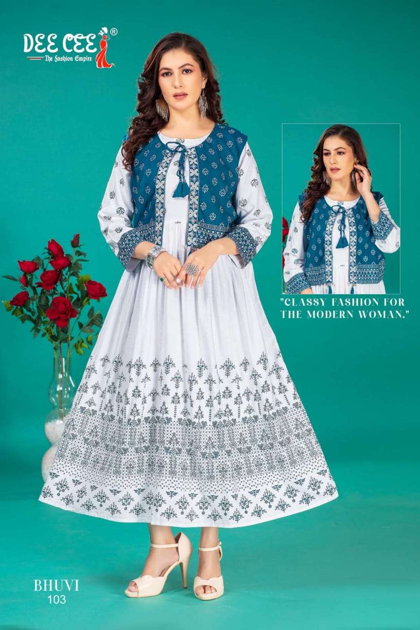 bhuvi by deecee 101-106 series rayon designer fancy kurtis latest catalogue wholesale supplier surat 