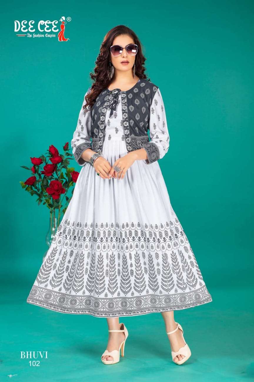 bhuvi by deecee 101-106 series rayon designer fancy kurtis latest catalogue wholesale supplier surat 