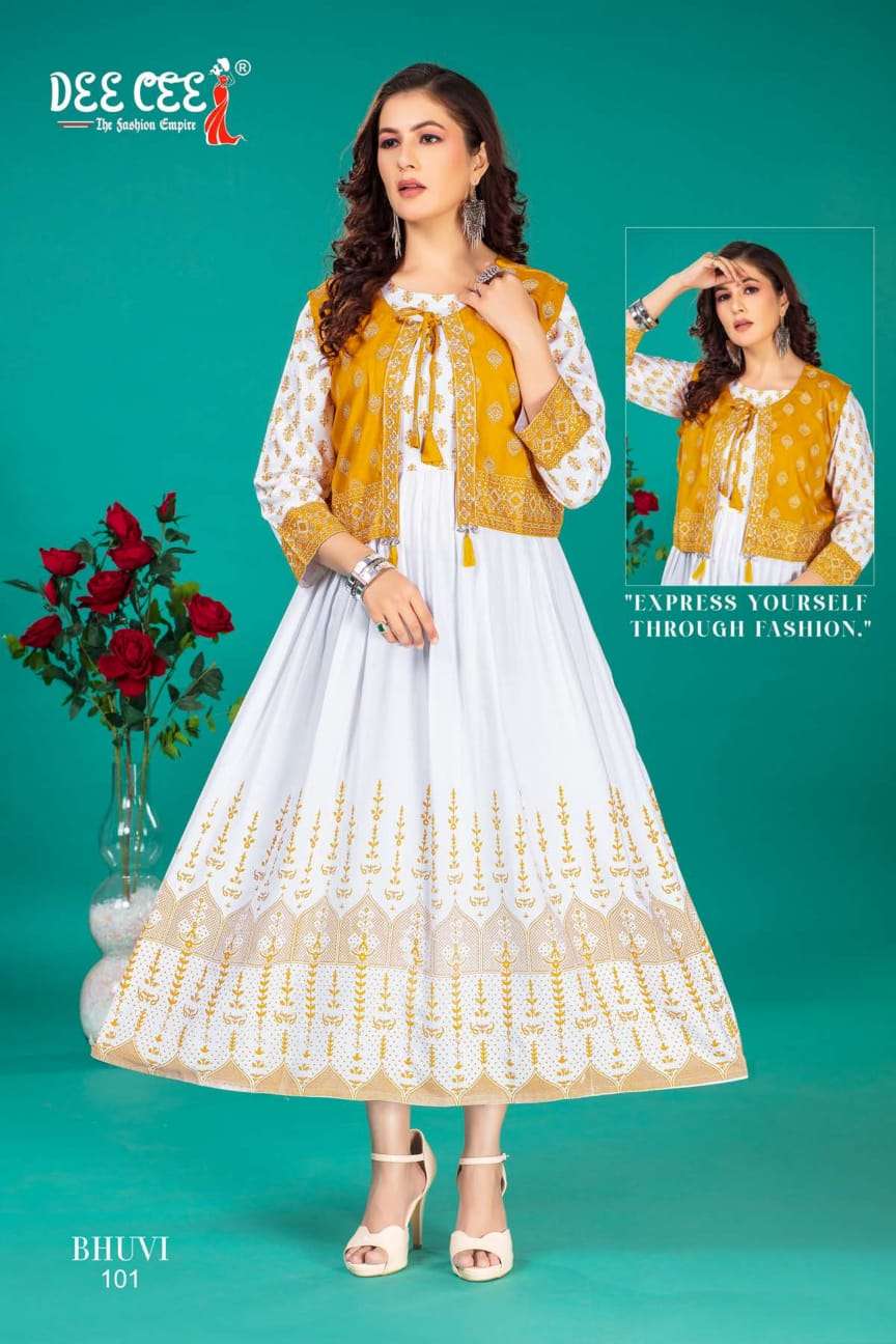 bhuvi by deecee 101-106 series rayon designer fancy kurtis latest catalogue wholesale supplier surat 