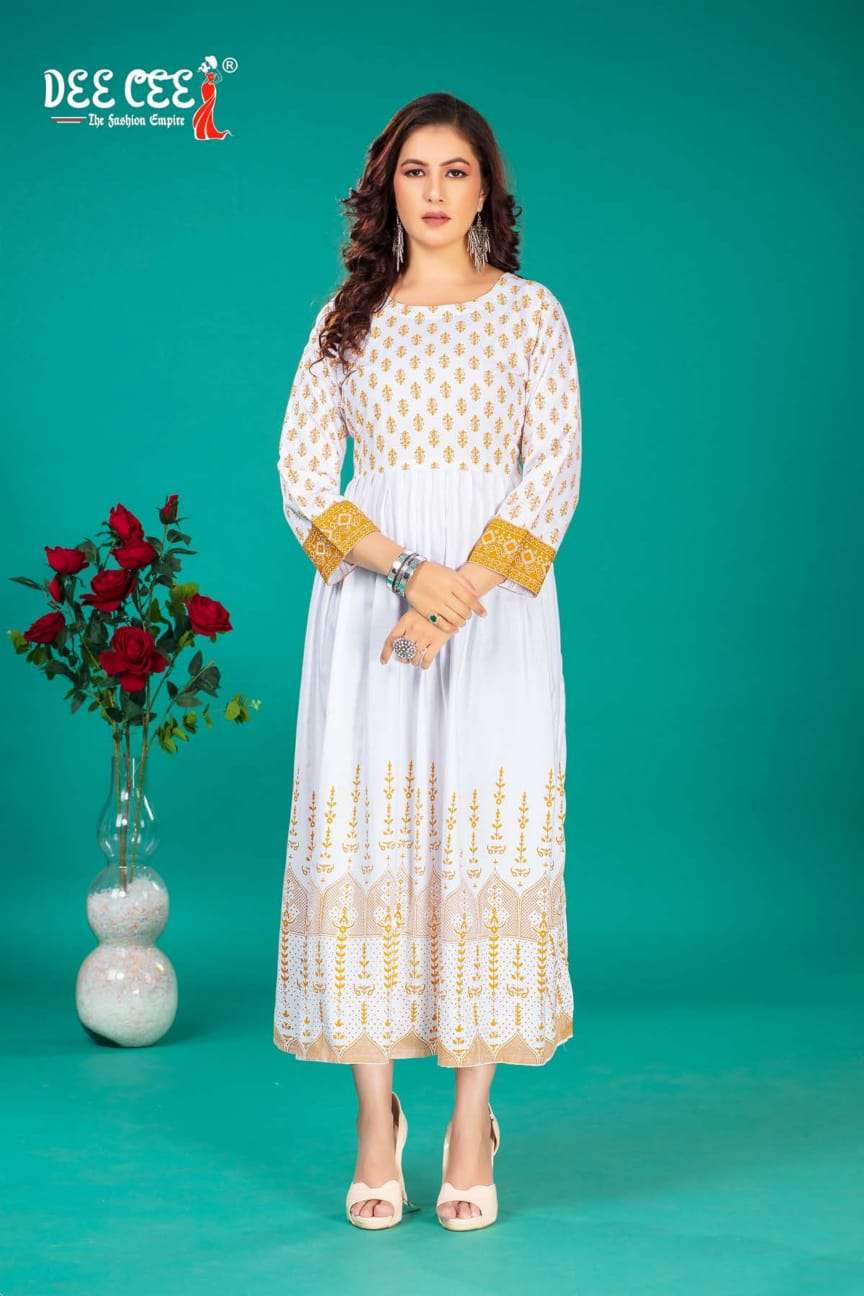 bhuvi by deecee 101-106 series rayon designer fancy kurtis latest catalogue wholesale supplier surat 