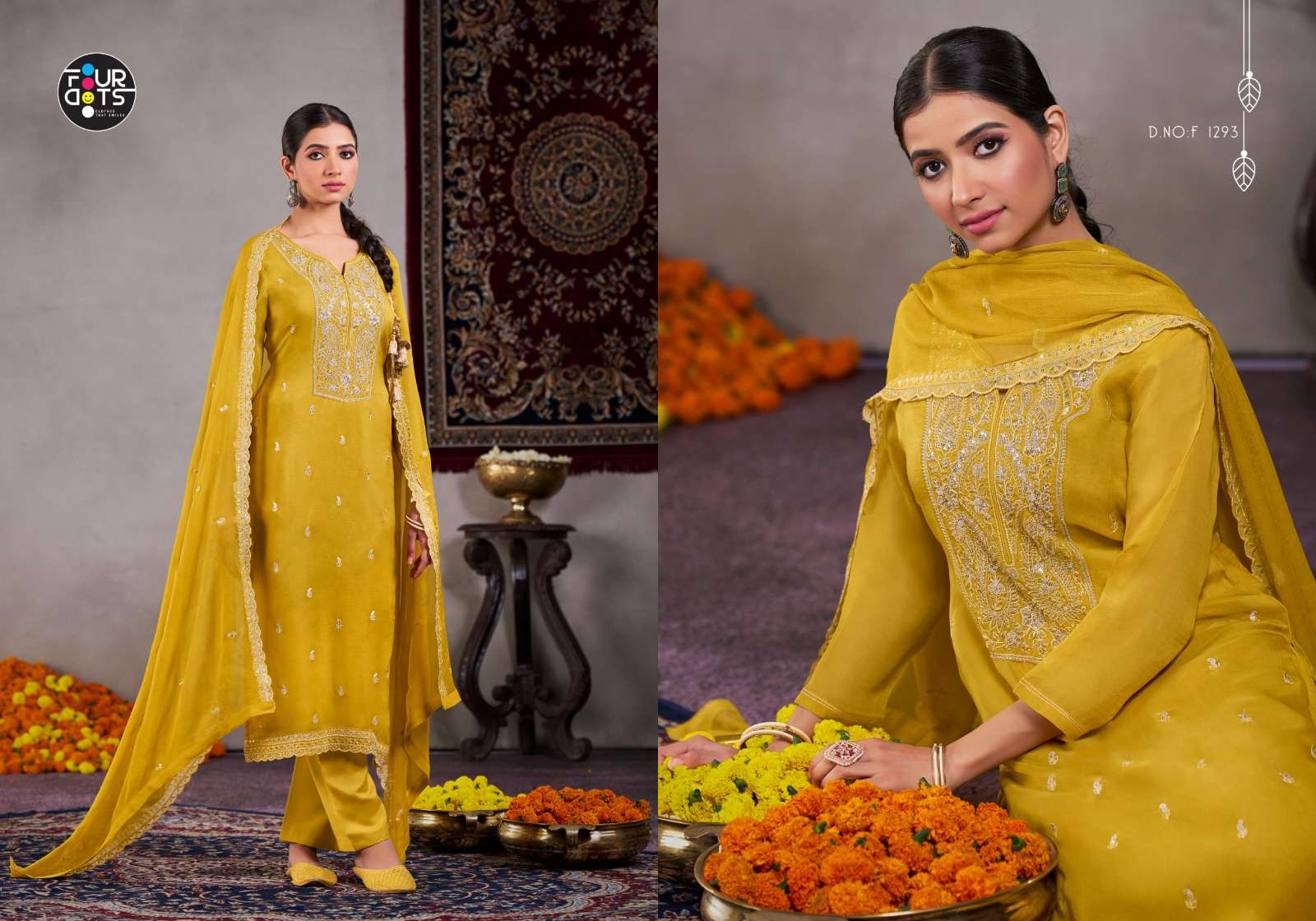 fourdots roop 1291-1294 series designer viscose organza hand work salwar kameez set to set catalogue dealer 
