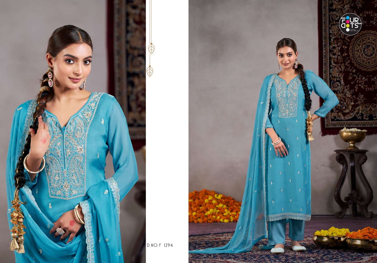 fourdots roop 1291-1294 series designer viscose organza hand work salwar kameez set to set catalogue dealer 