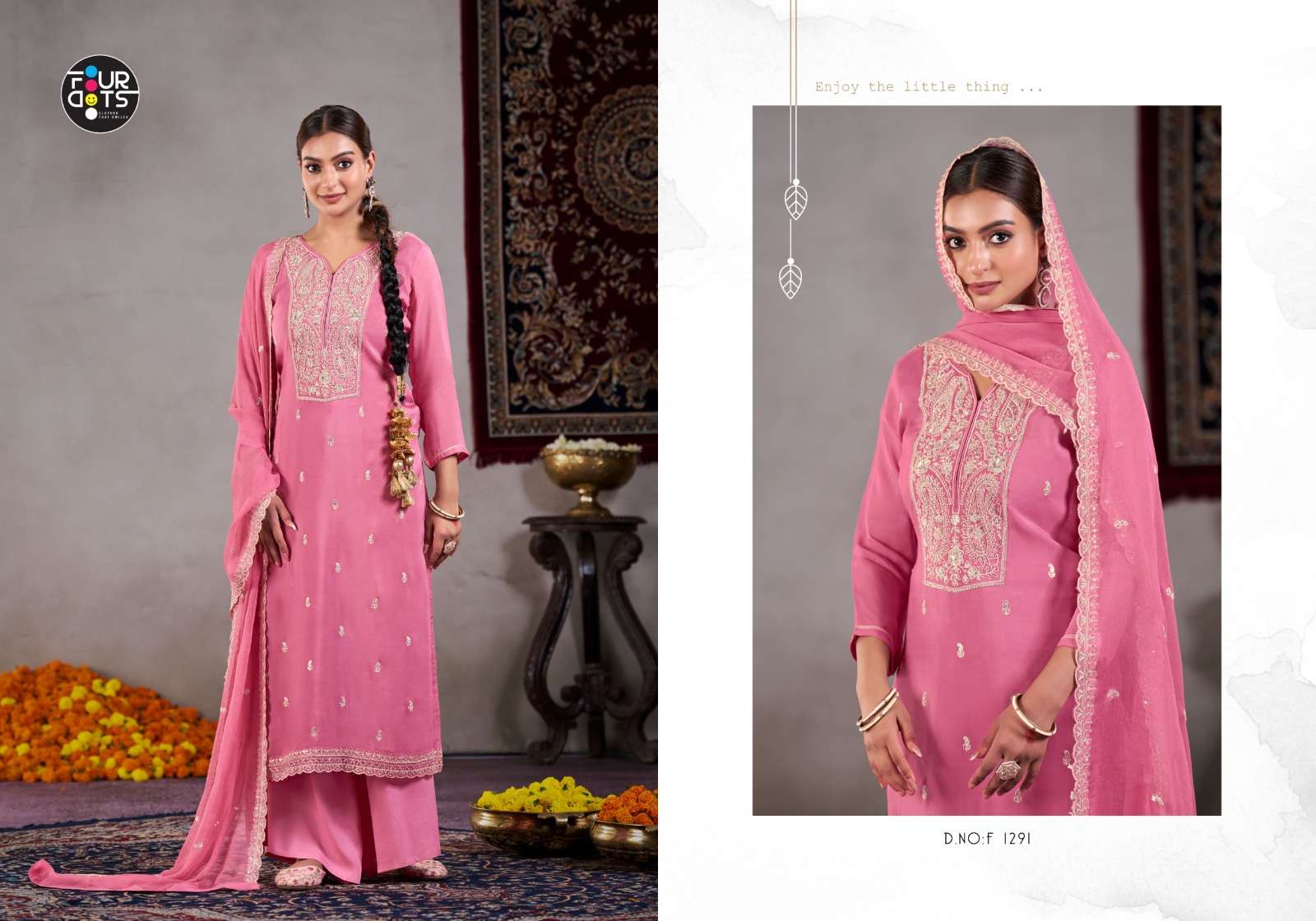 fourdots roop 1291-1294 series designer viscose organza hand work salwar kameez set to set catalogue dealer 
