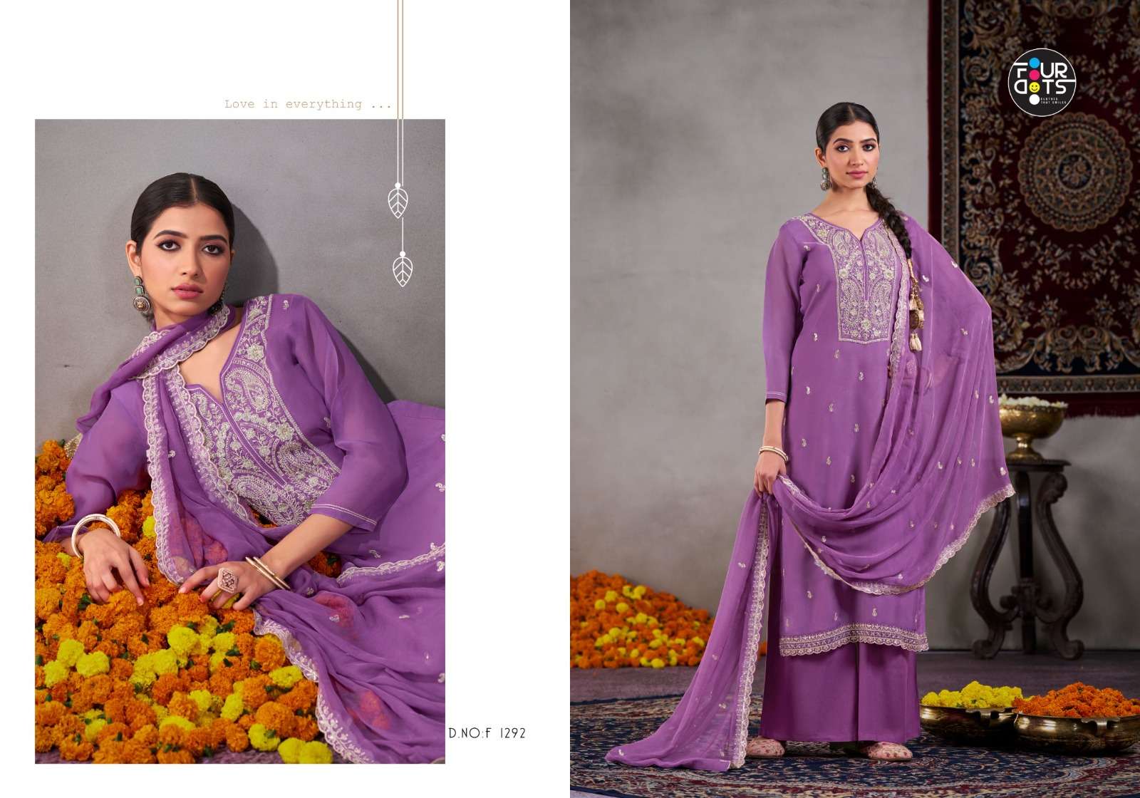 fourdots roop 1291-1294 series designer viscose organza hand work salwar kameez set to set catalogue dealer 