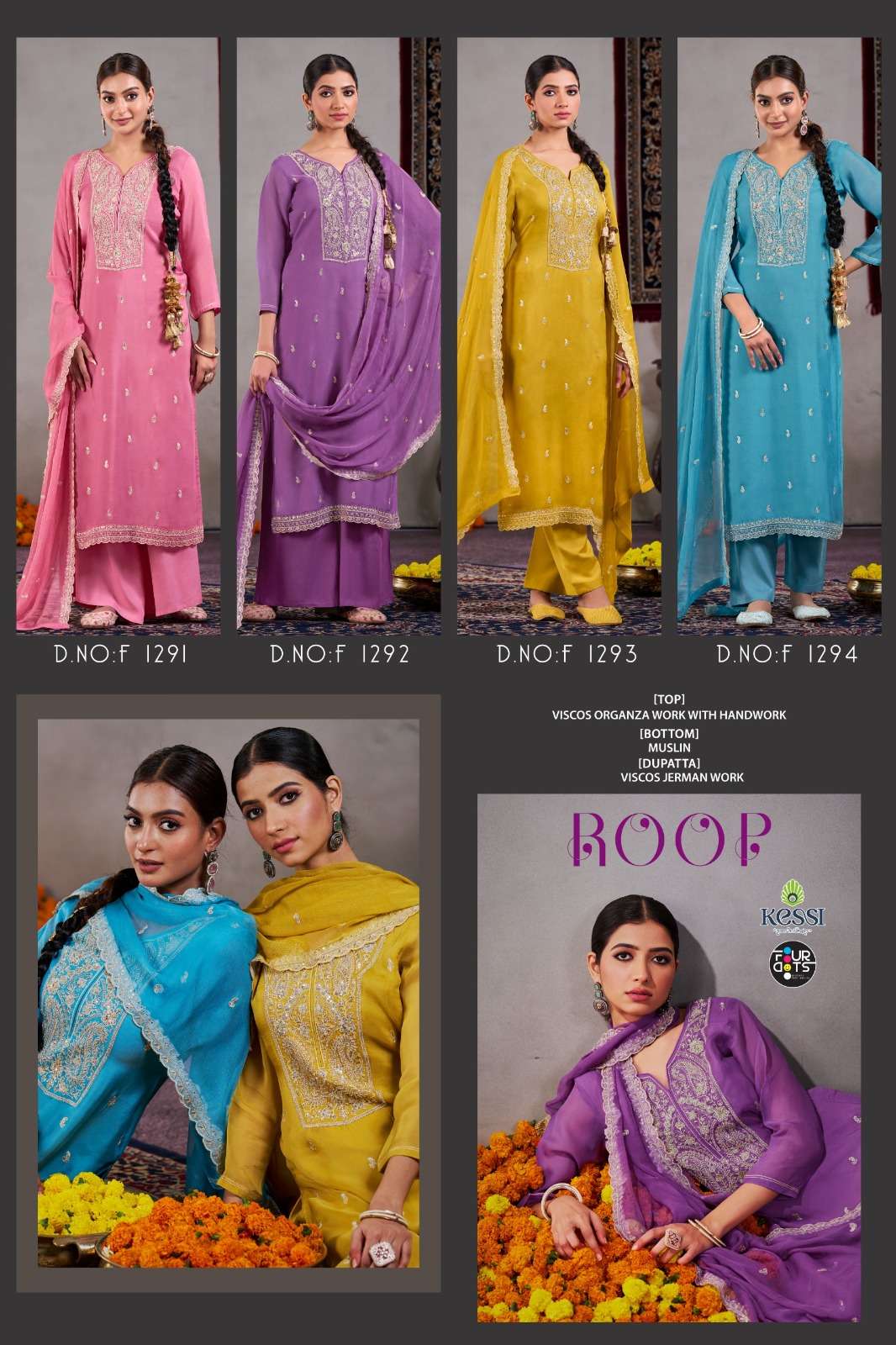 fourdots roop 1291-1294 series designer viscose organza hand work salwar kameez set to set catalogue dealer 