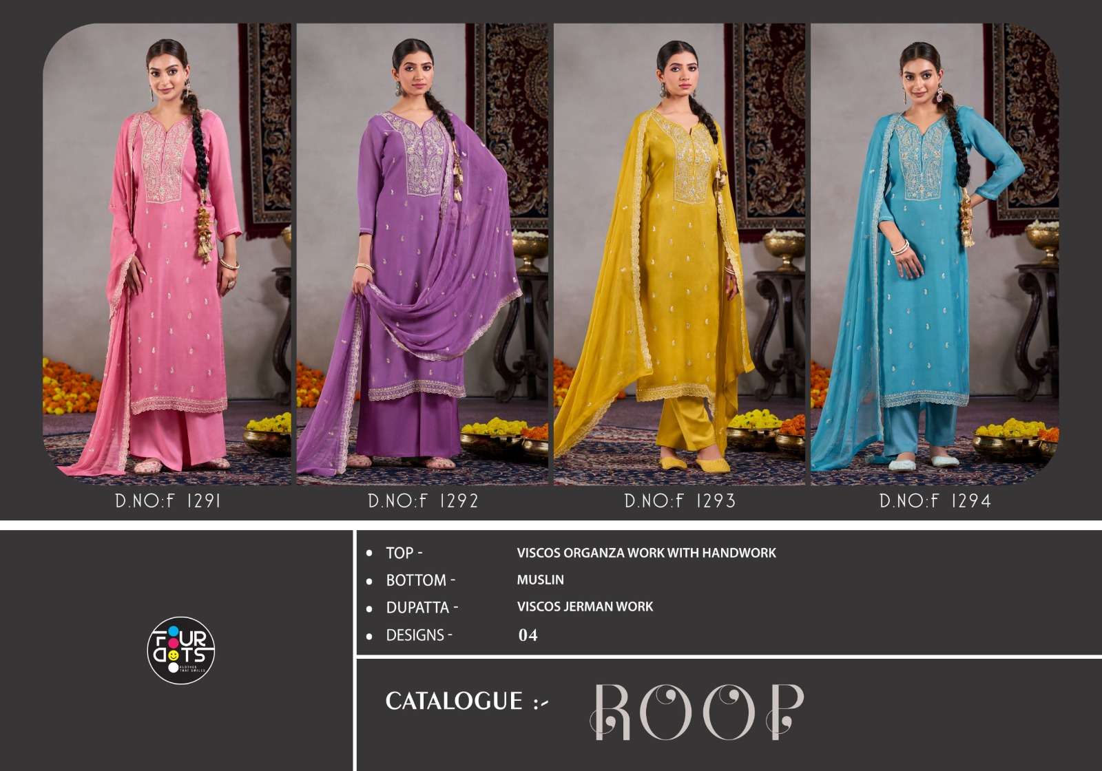 fourdots roop 1291-1294 series designer viscose organza hand work salwar kameez set to set catalogue dealer 