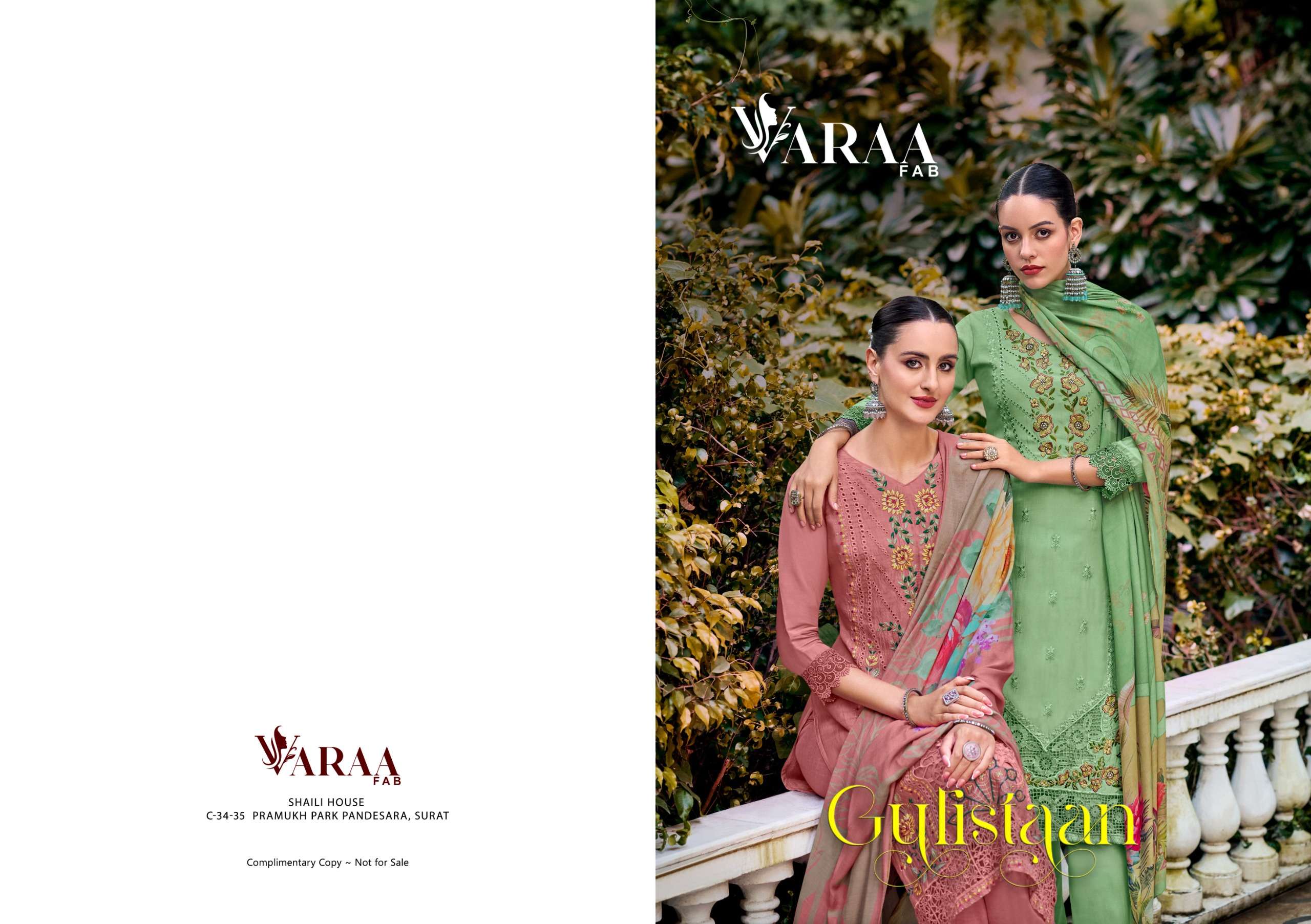 gulistaan by varaa fab 501-506 series pure bemberg muslin salwar suits catalogue wholesale rate dealer surat 