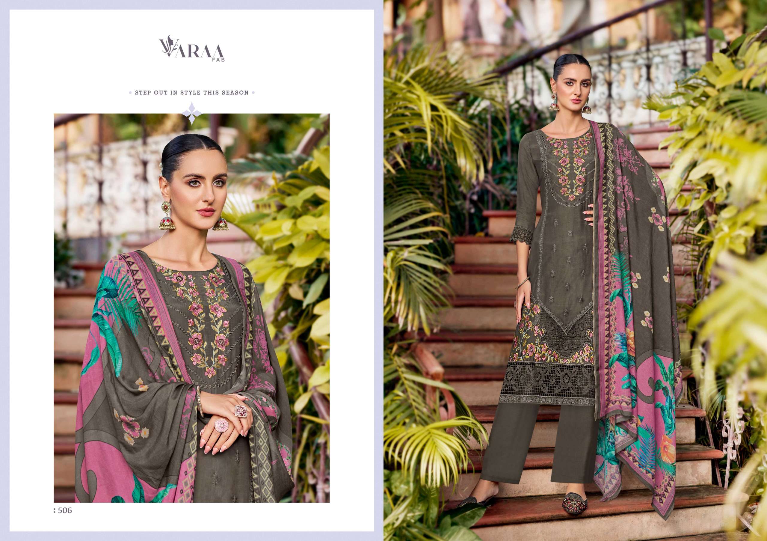 gulistaan by varaa fab 501-506 series pure bemberg muslin salwar suits catalogue wholesale rate dealer surat 