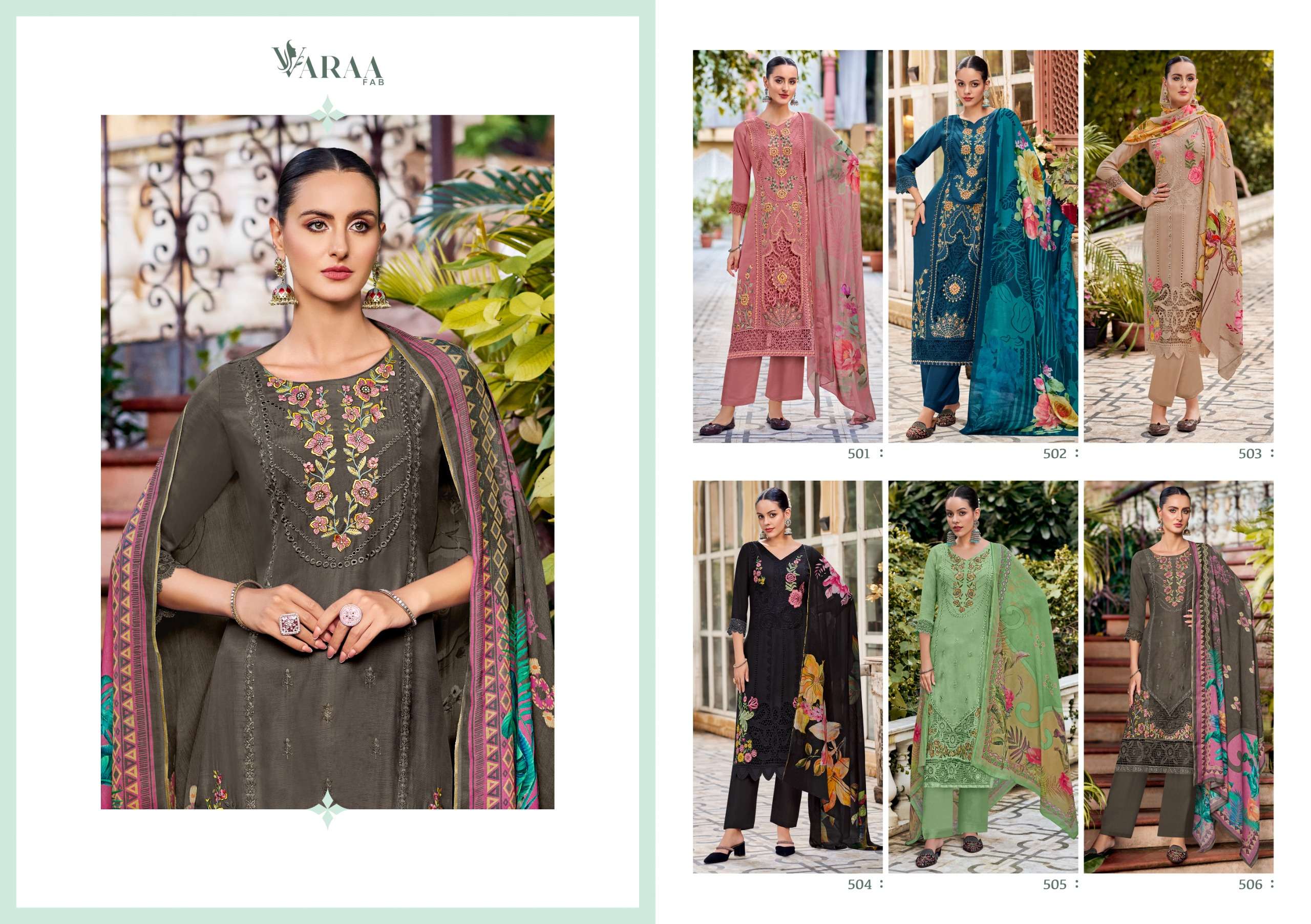 gulistaan by varaa fab 501-506 series pure bemberg muslin salwar suits catalogue wholesale rate dealer surat 