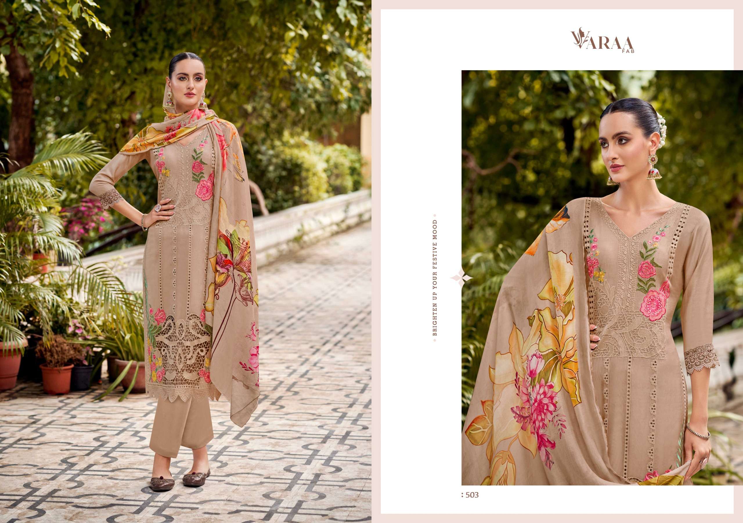 gulistaan by varaa fab 501-506 series pure bemberg muslin salwar suits catalogue wholesale rate dealer surat 