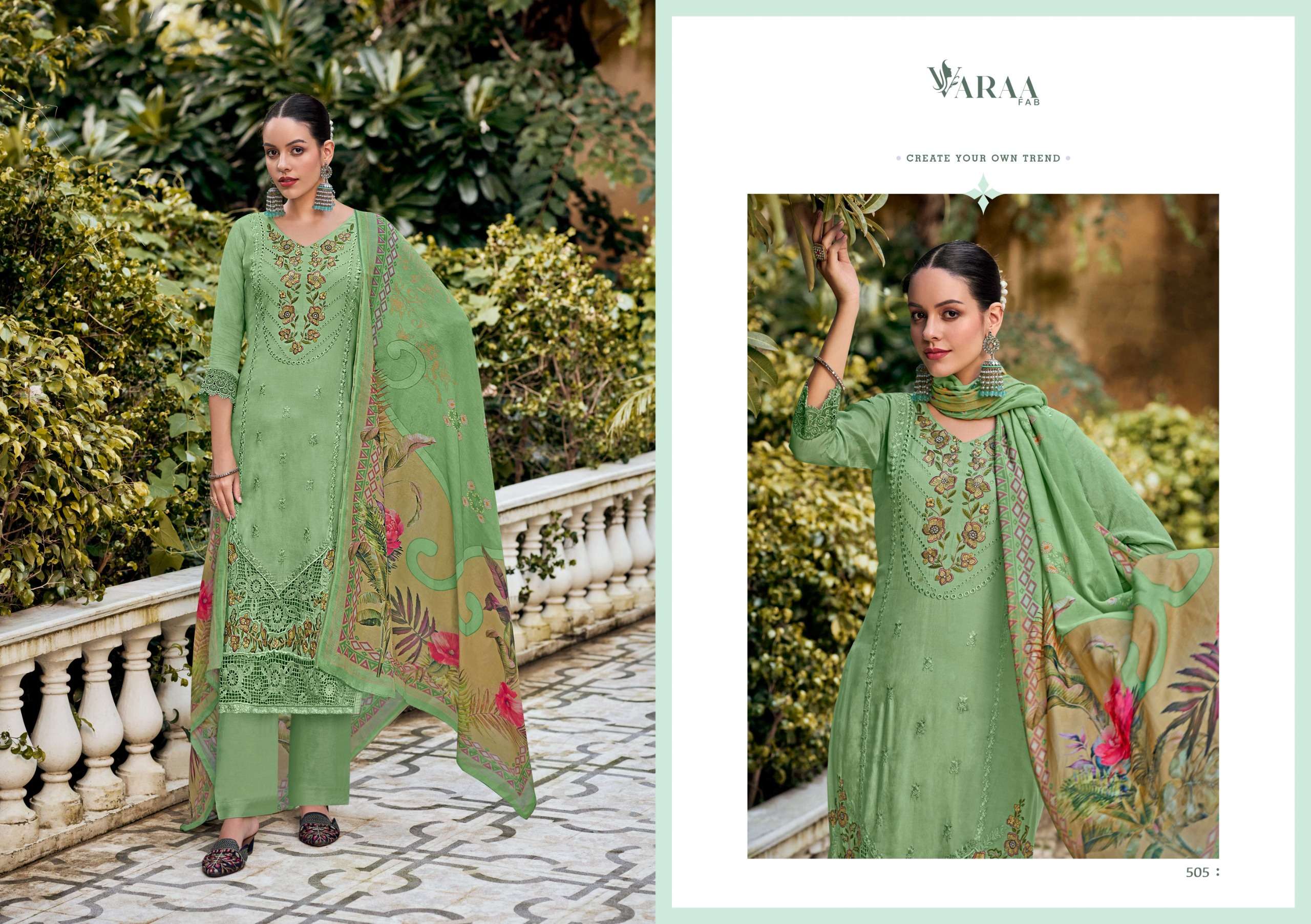 gulistaan by varaa fab 501-506 series pure bemberg muslin salwar suits catalogue wholesale rate dealer surat 