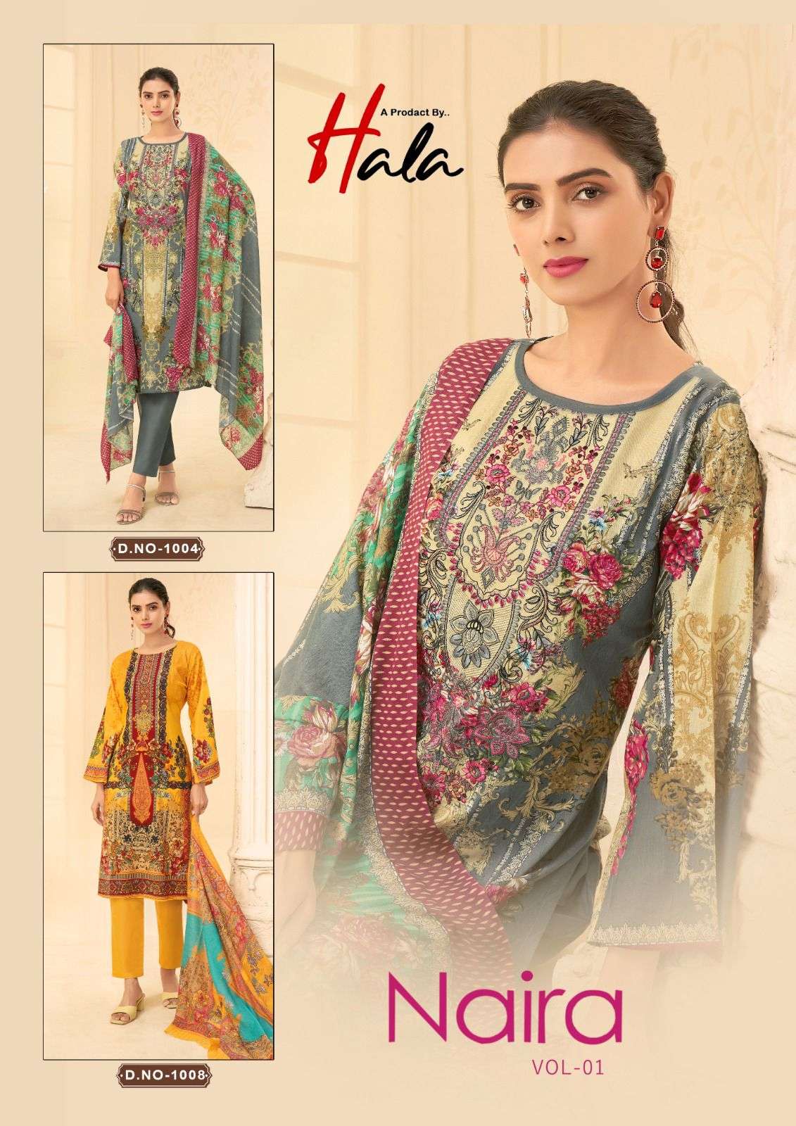 hala naira vol-1 1001-1008 series pure lawn cotton dress material catalogue manufacturer surat gujarat 