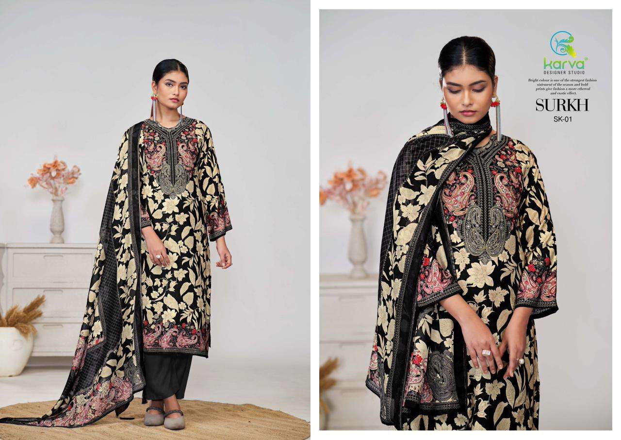 karva designer studio surkh pure viscose muslin salwar kameez catalogue wholesale dealer surat 