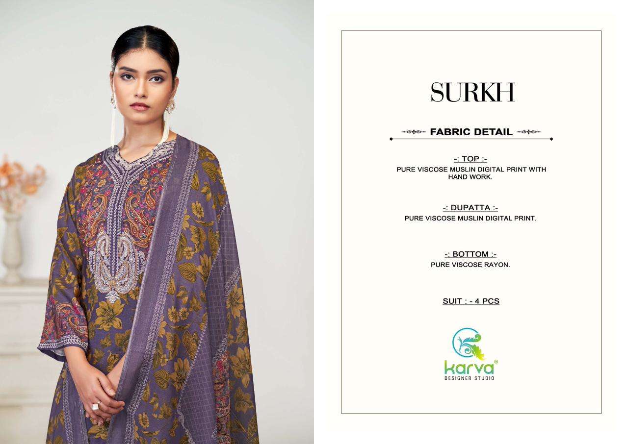 karva designer studio surkh pure viscose muslin salwar kameez catalogue wholesale dealer surat 