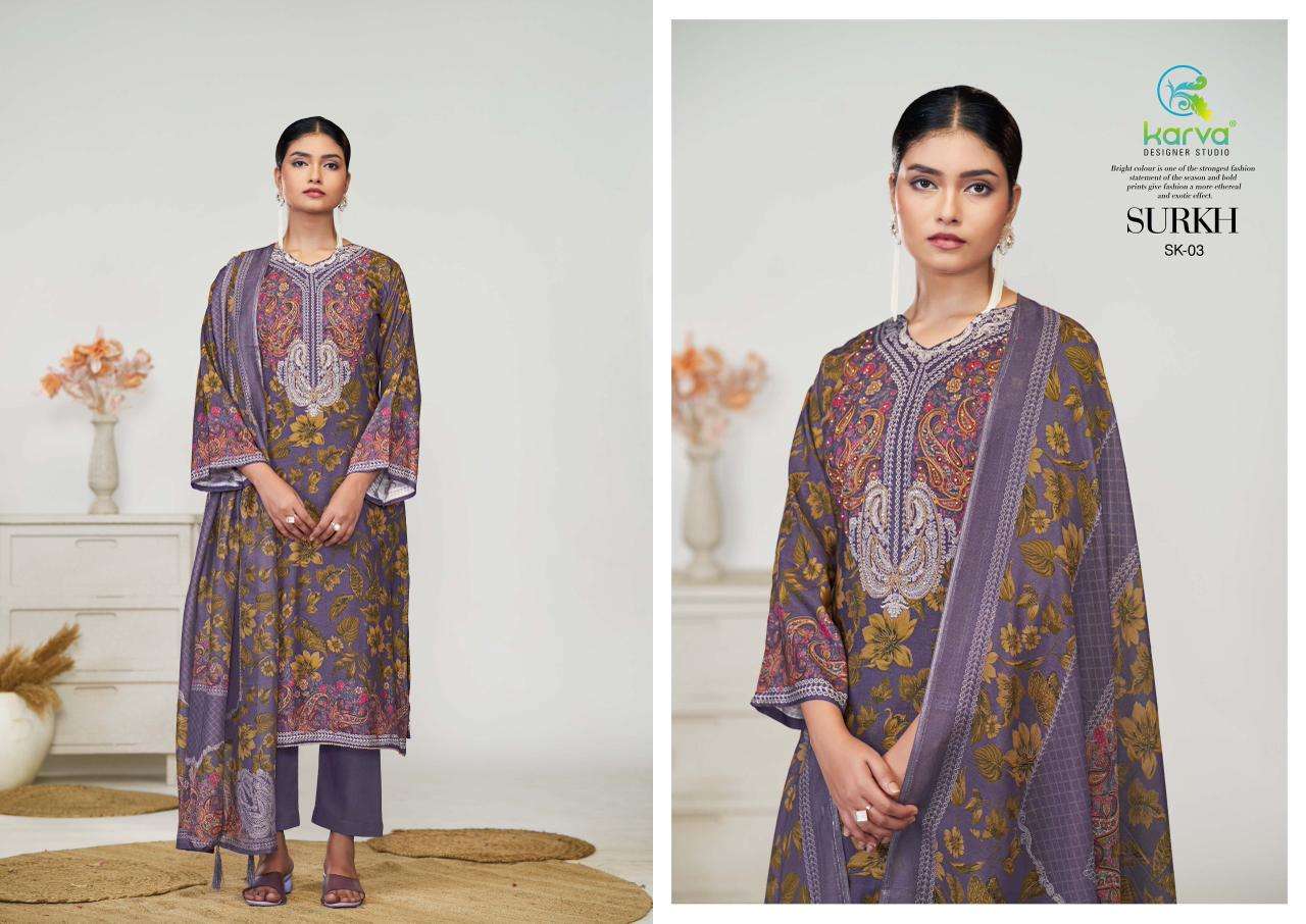 karva designer studio surkh pure viscose muslin salwar kameez catalogue wholesale dealer surat 