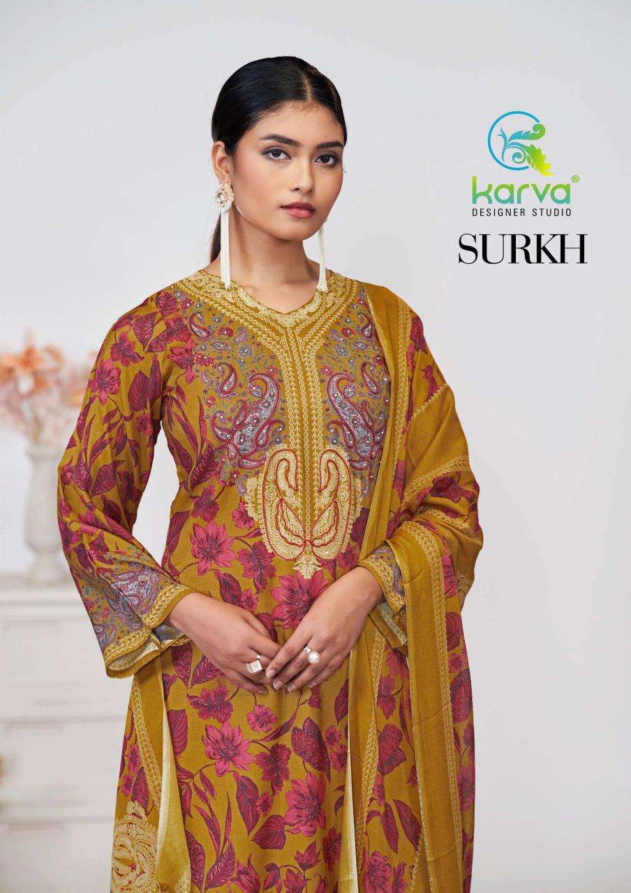karva designer studio surkh pure viscose muslin salwar kameez catalogue wholesale dealer surat 