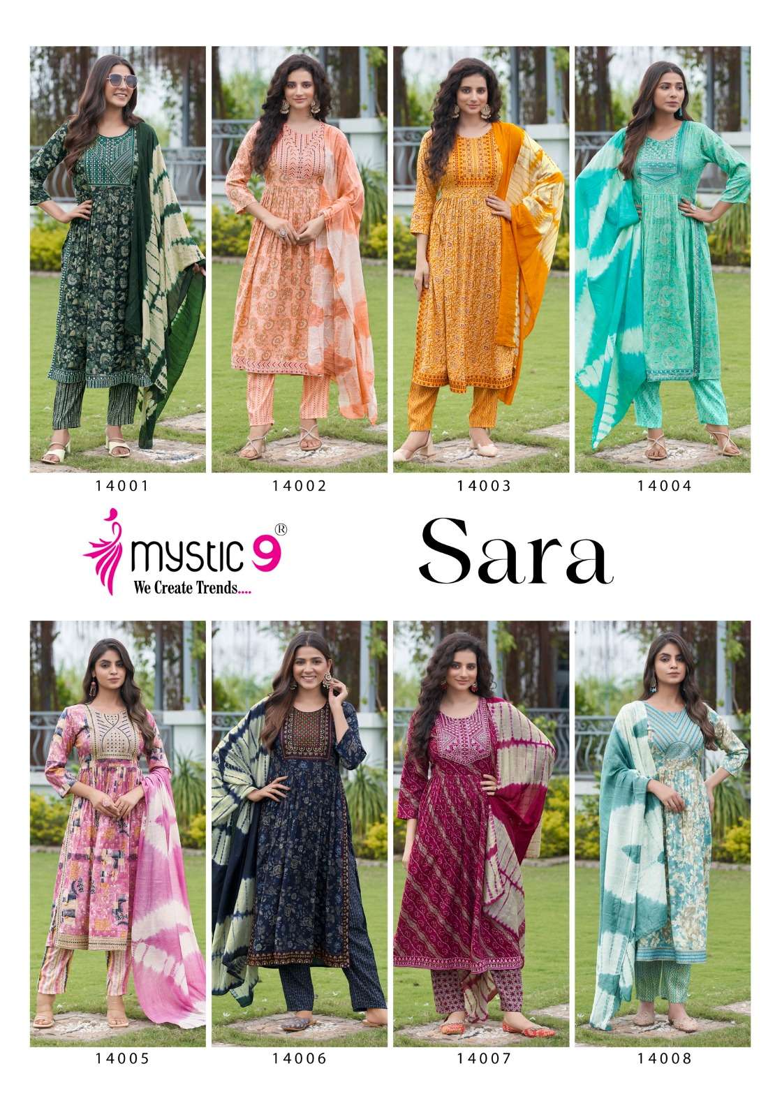 mystic sara vol 14 14001-14008 series reyon capsule party wear nayra cut ready to wear suits catalogue wholesale rate surat