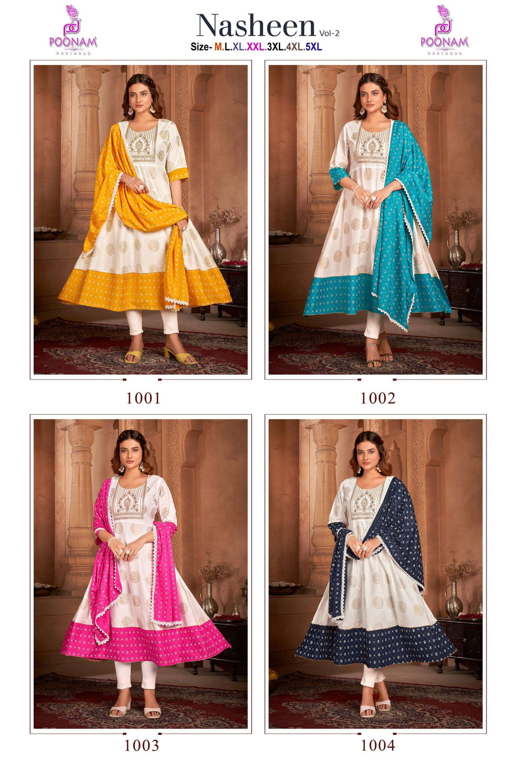 nasheen vol-2 by poonam designer 1001-1004 series trendy look designer rayon kurtis catalogue wholesale price surat 