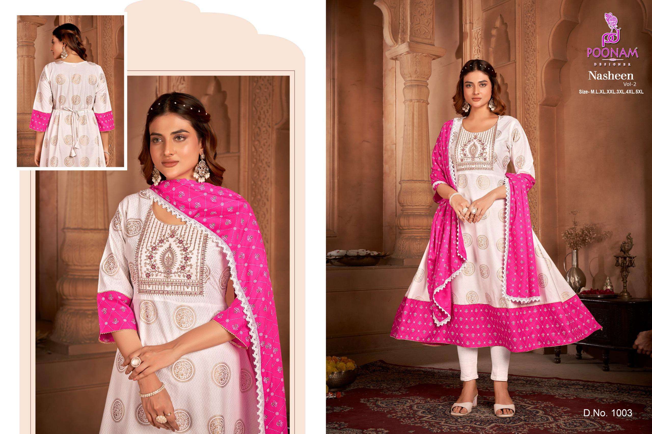 nasheen vol-2 by poonam designer 1001-1004 series trendy look designer rayon kurtis catalogue wholesale price surat 