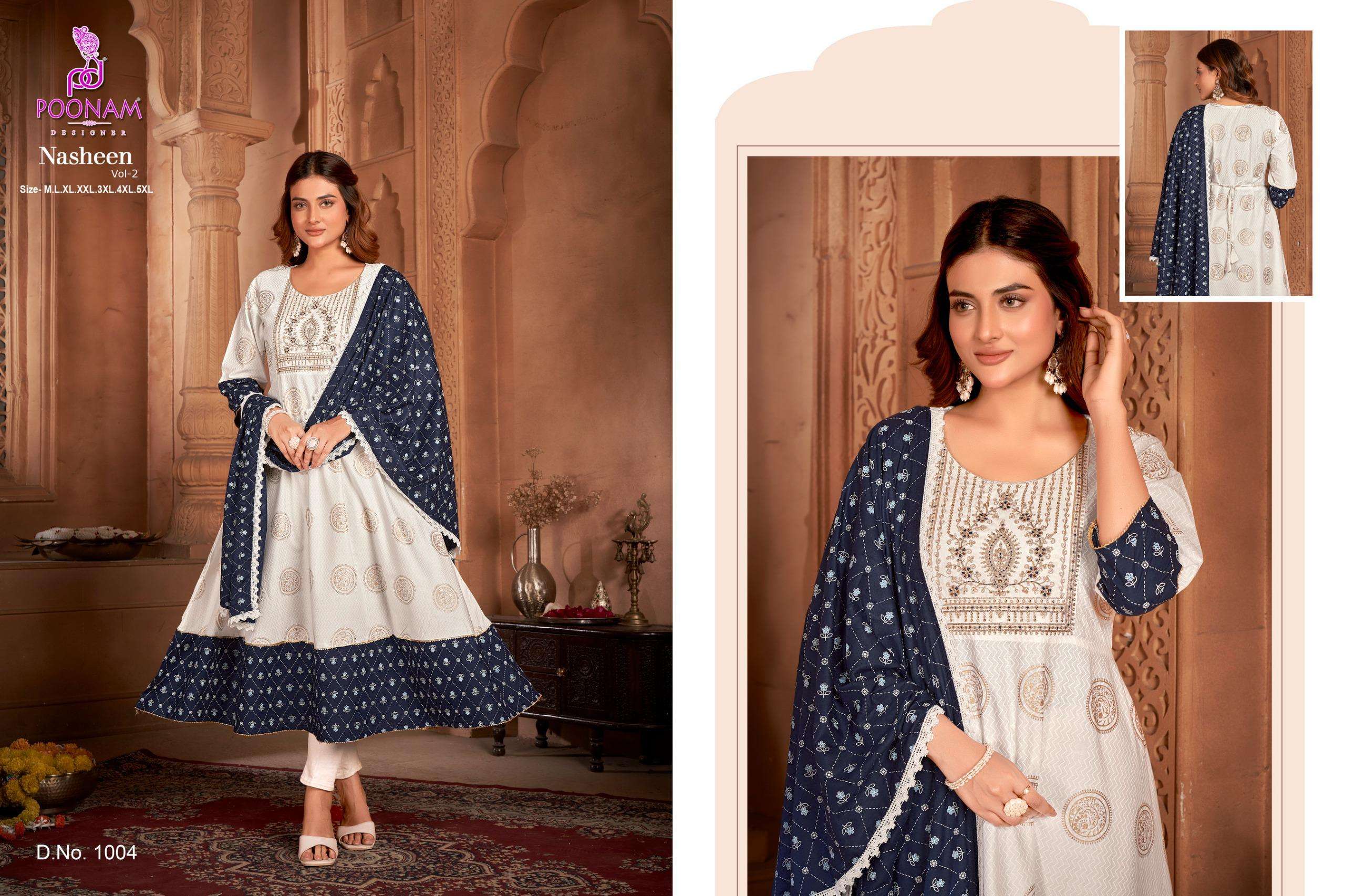 nasheen vol-2 by poonam designer 1001-1004 series trendy look designer rayon kurtis catalogue wholesale price surat 
