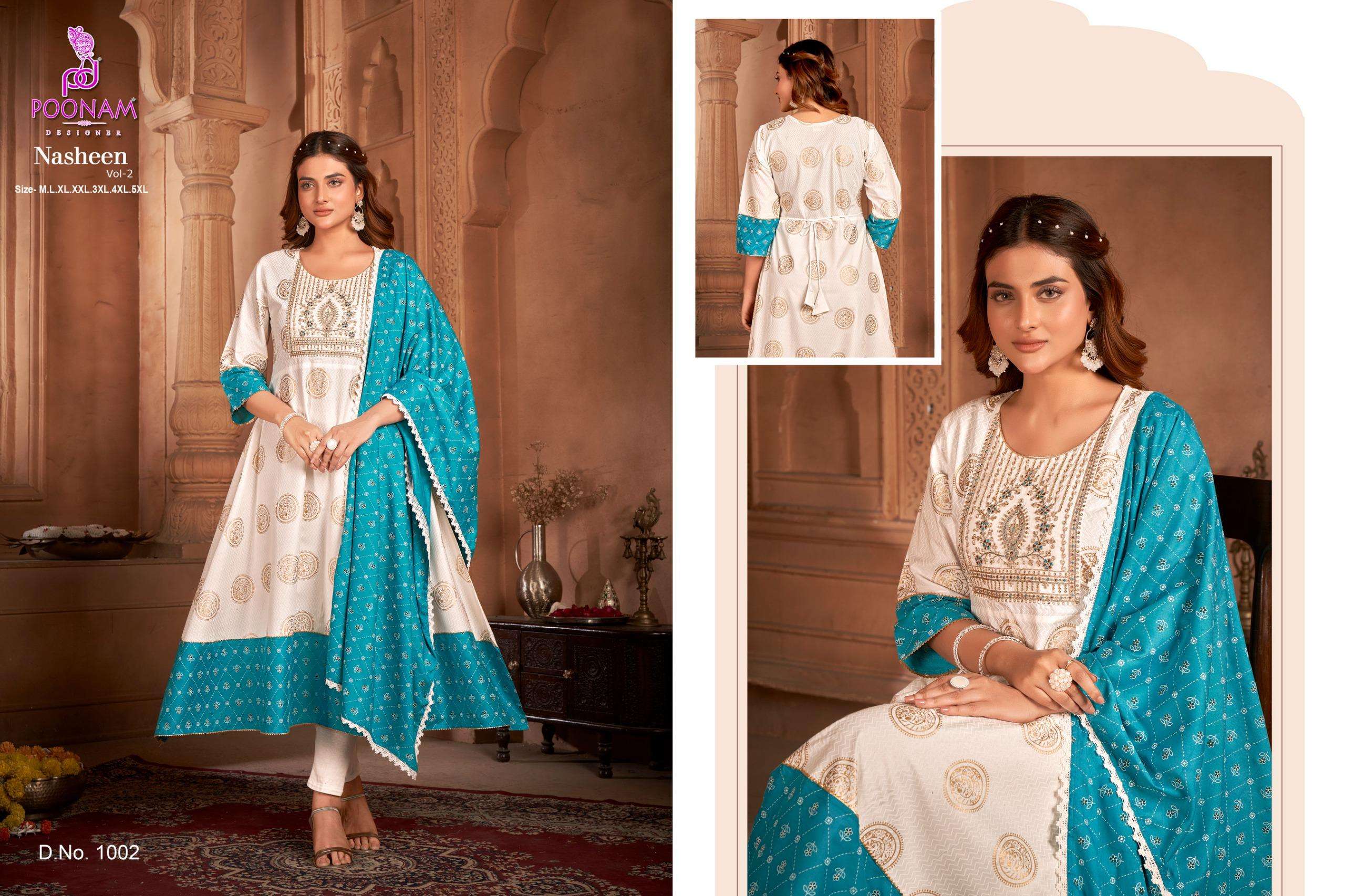 nasheen vol-2 by poonam designer 1001-1004 series trendy look designer rayon kurtis catalogue wholesale price surat 