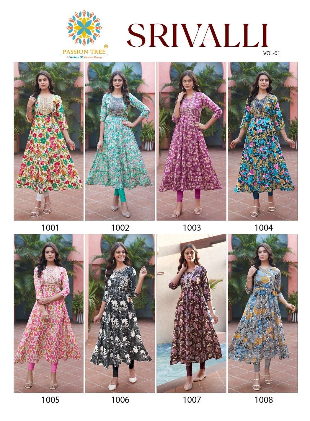 passion tree srivalli vol-1 1001-1008 series kurti with pant and dupatta latest catalogue surat india