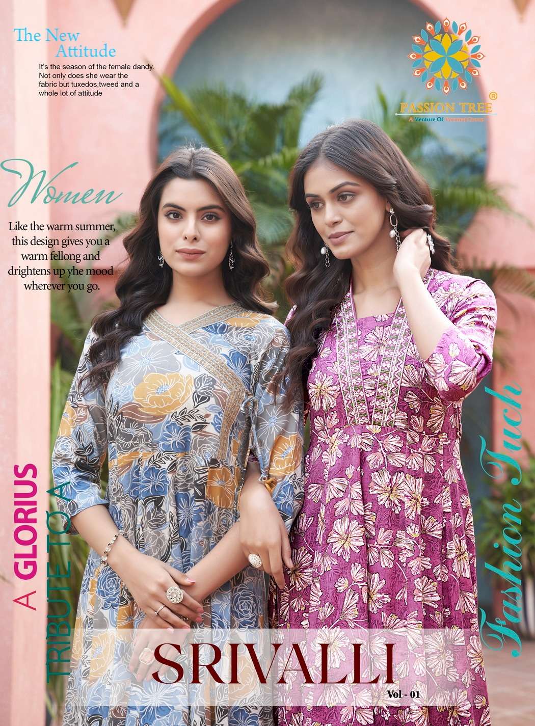 passion tree srivalli vol-1 1001-1008 series kurti with pant and dupatta latest catalogue surat india