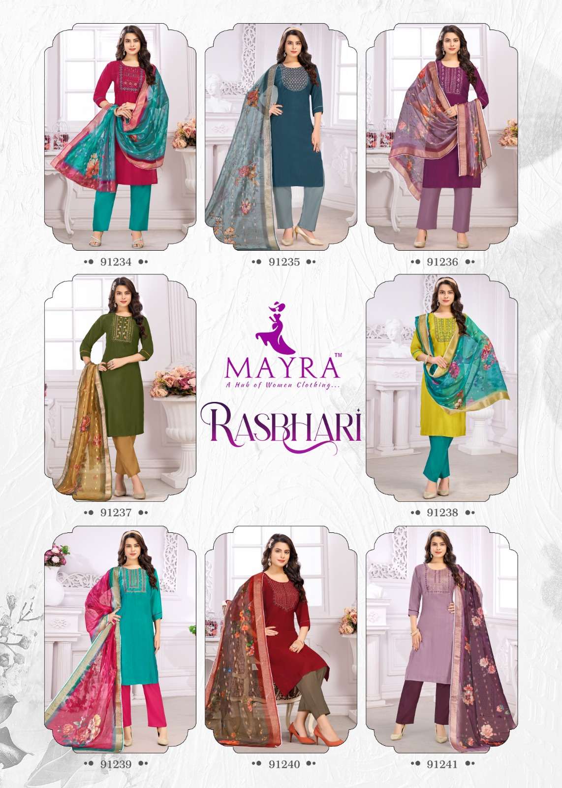 rasbhari by mayra 91234-91241series indian designer festive wear salwar kameez catalogue wholesaler surat gujarat 