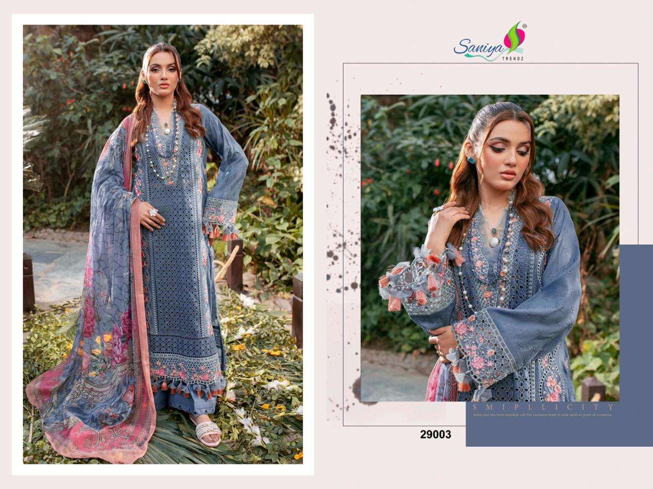 saniya trendz adan libas chikankari vol-29 29001-29003 series exclusive designer work designer suits catalogue surat gujarat