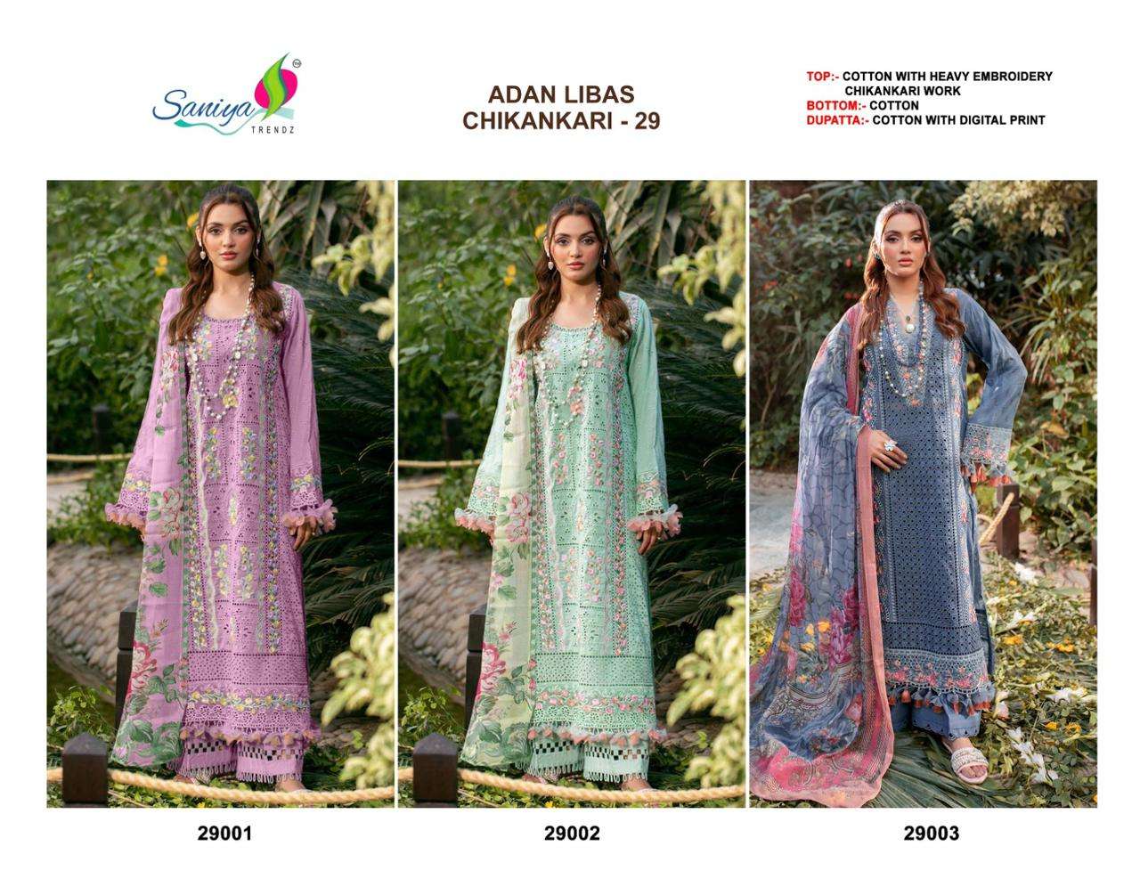 saniya trendz adan libas chikankari vol-29 29001-29003 series exclusive designer work designer suits catalogue surat gujarat