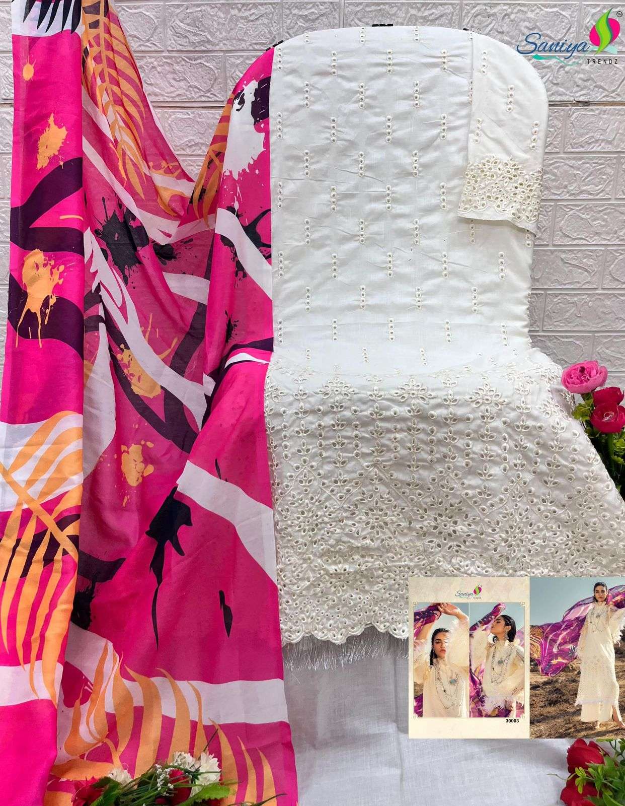 saniya trendz  adan libas chikankari vol -30 30001-30003 series exclusive designer work designer suits catalogue surat gujarat