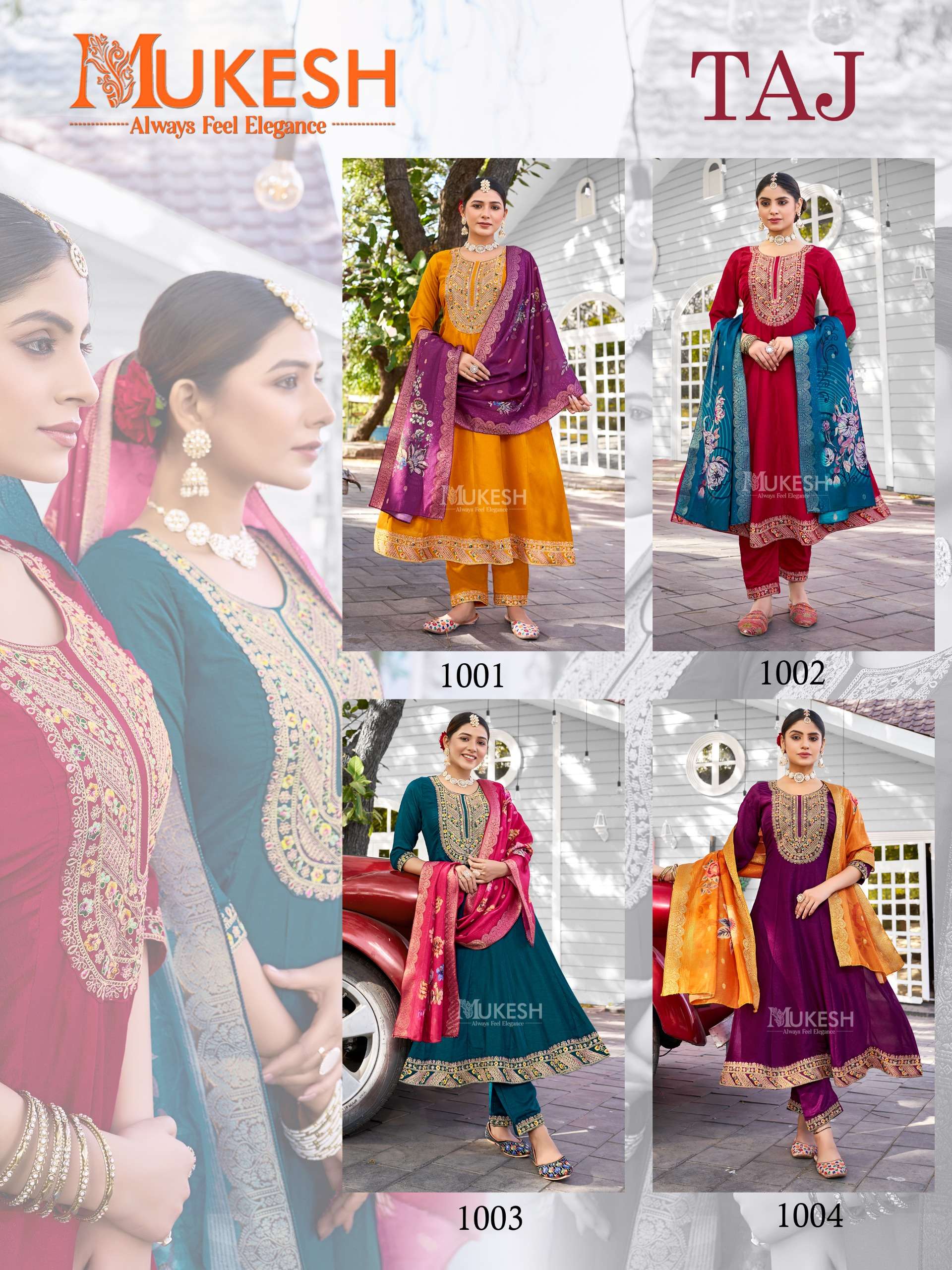 taj by mukesh 1001-1004 series pure viscose vichitra silk designer kurtis catalogue wholesaler rate surat 
