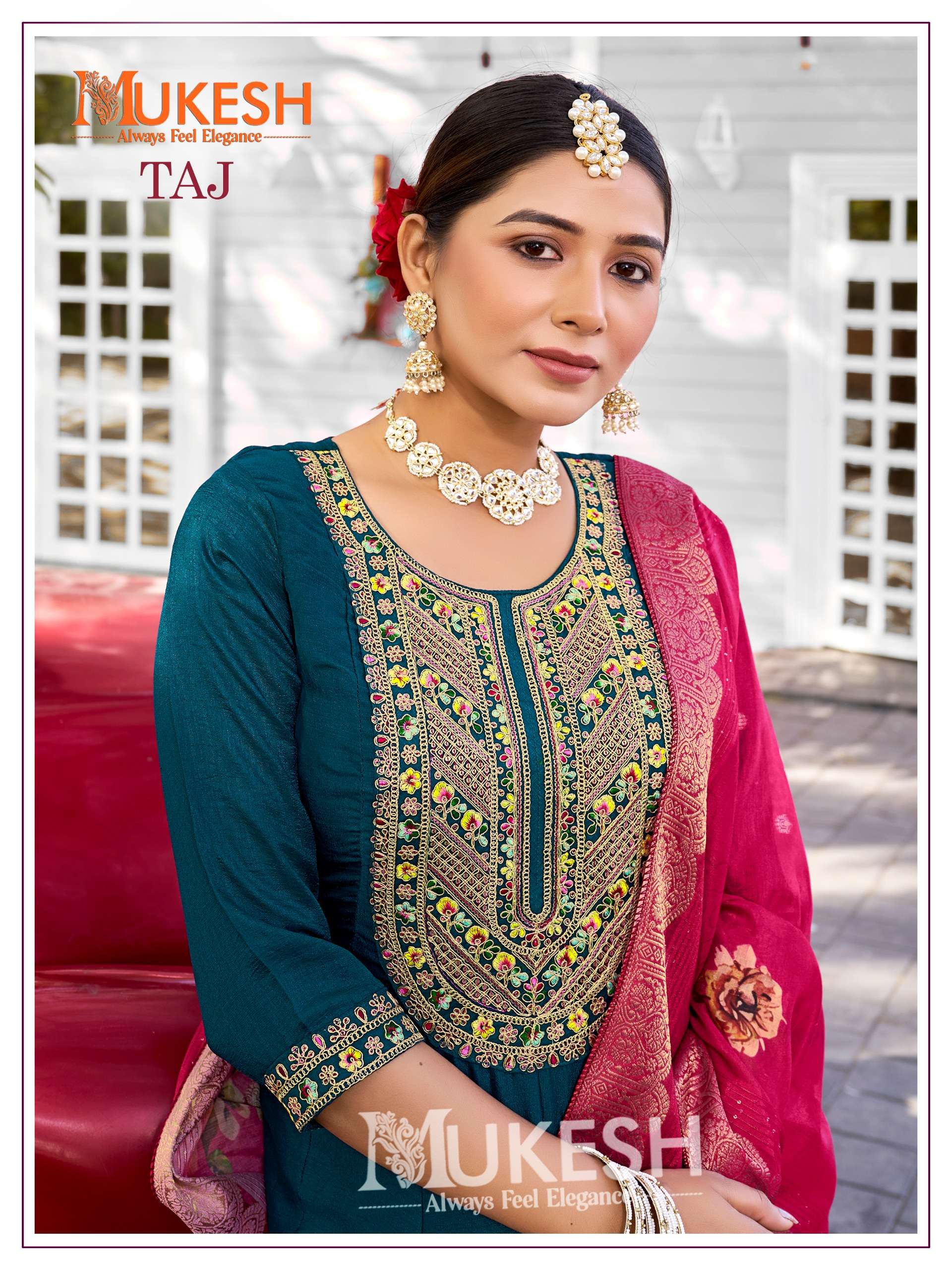 taj by mukesh 1001-1004 series pure viscose vichitra silk designer kurtis catalogue wholesaler rate surat 