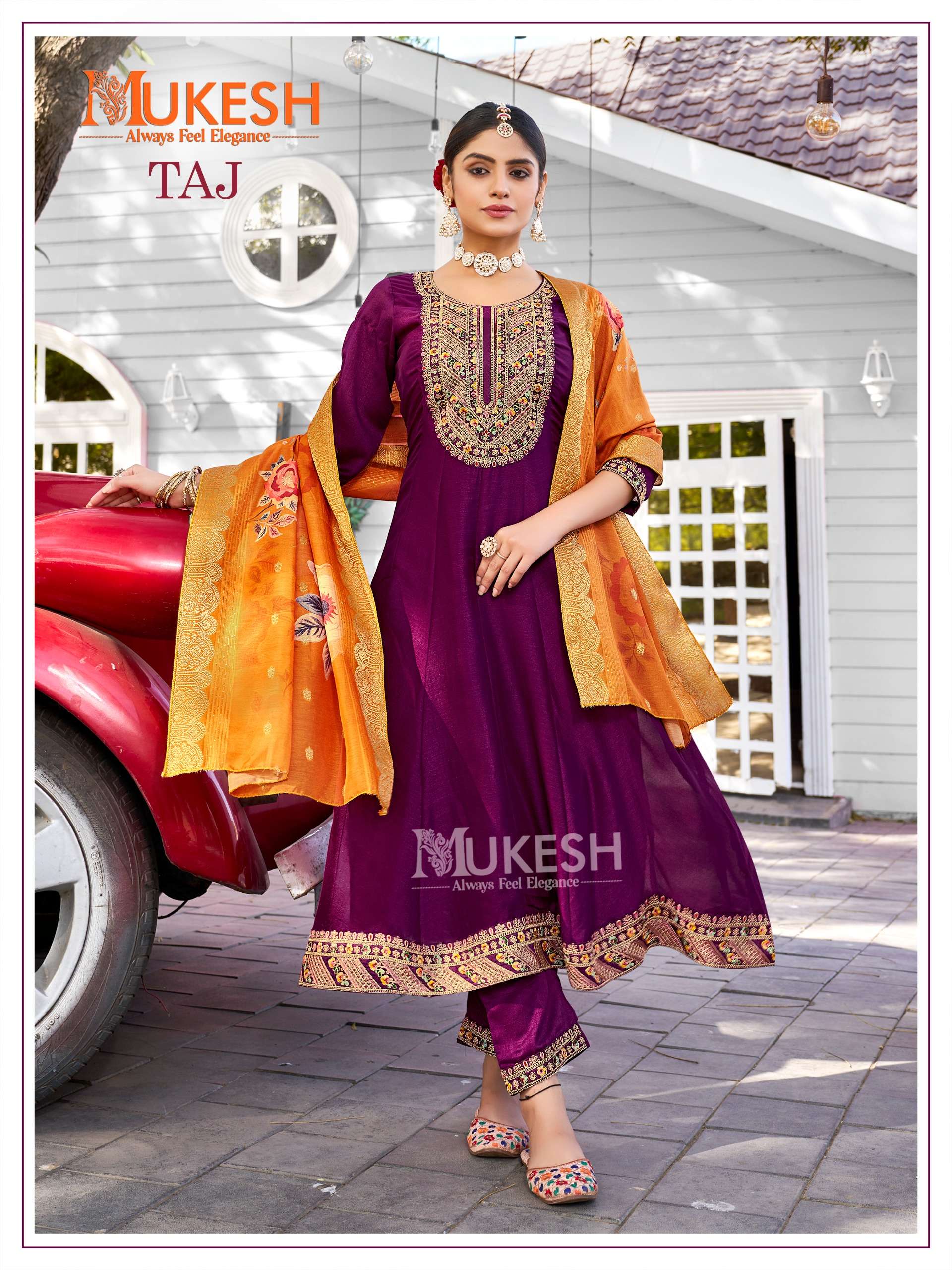 taj by mukesh 1001-1004 series pure viscose vichitra silk designer kurtis catalogue wholesaler rate surat 