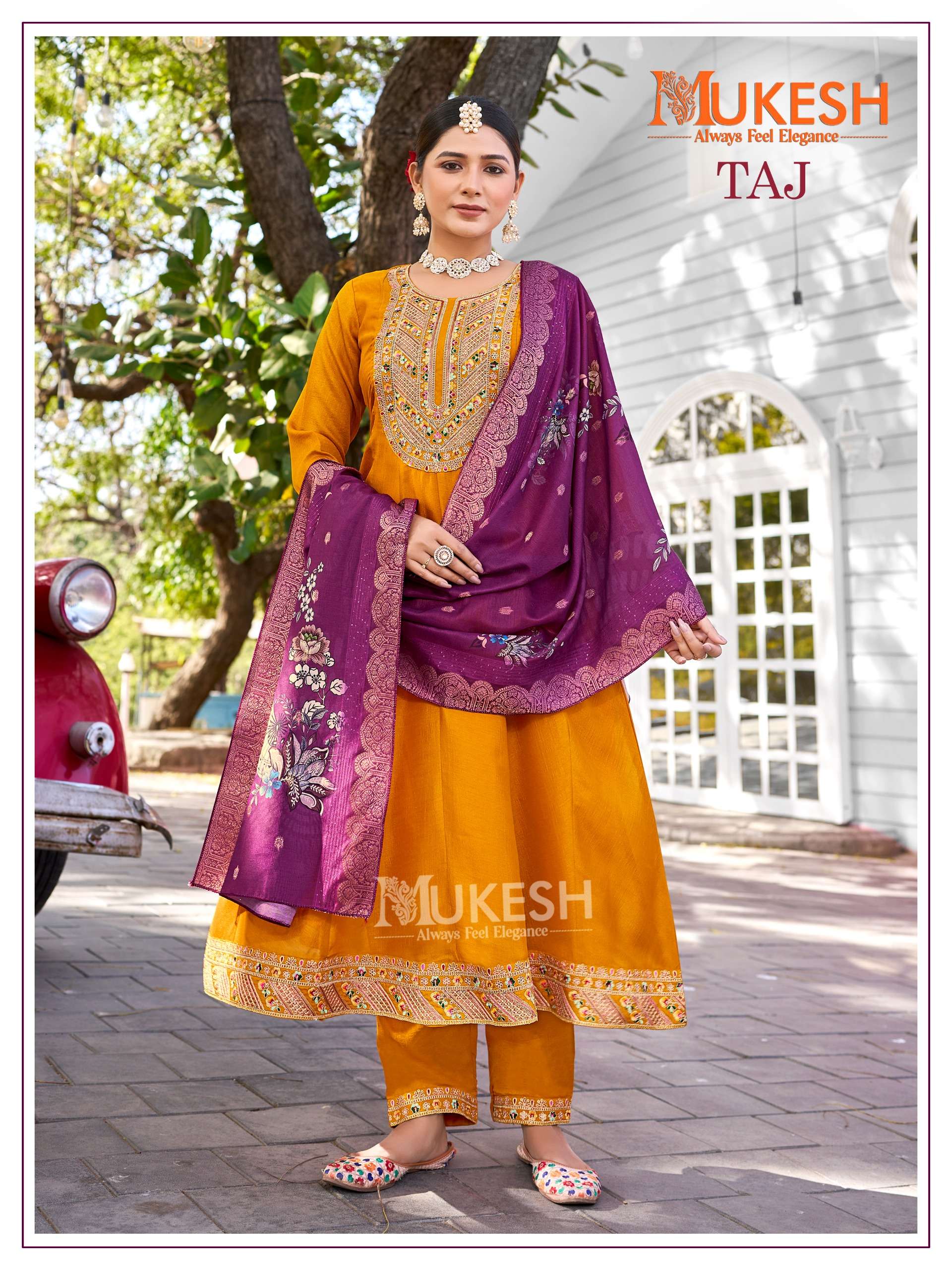 taj by mukesh 1001-1004 series pure viscose vichitra silk designer kurtis catalogue wholesaler rate surat 