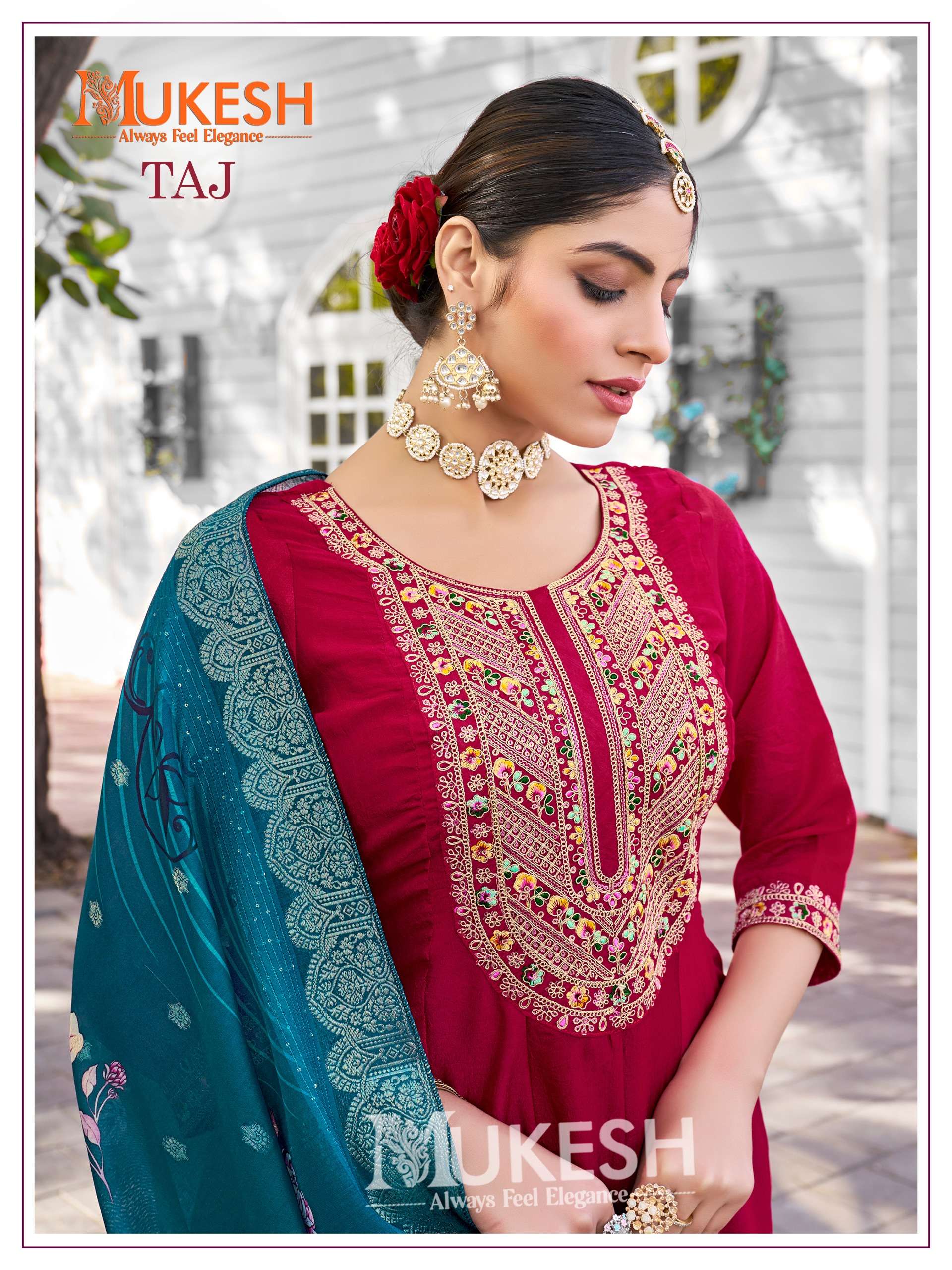 taj by mukesh 1001-1004 series pure viscose vichitra silk designer kurtis catalogue wholesaler rate surat 