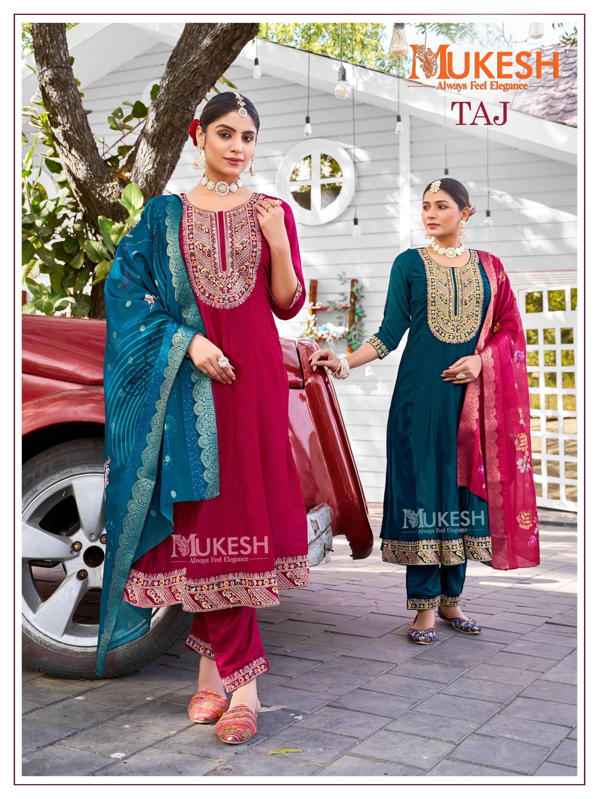 taj by mukesh 1001-1004 series pure viscose vichitra silk designer kurtis catalogue wholesaler rate surat 