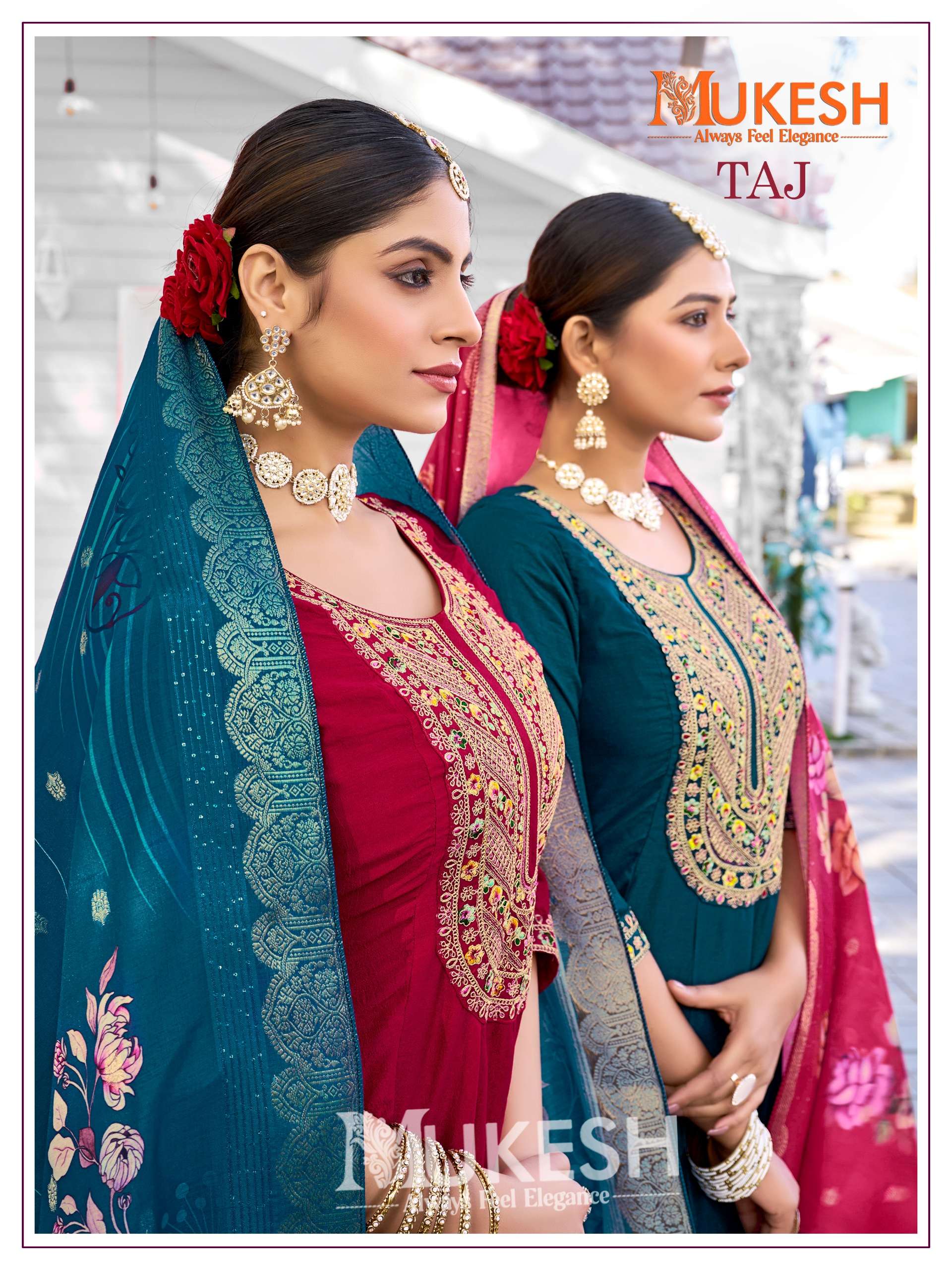 taj by mukesh 1001-1004 series pure viscose vichitra silk designer kurtis catalogue wholesaler rate surat 