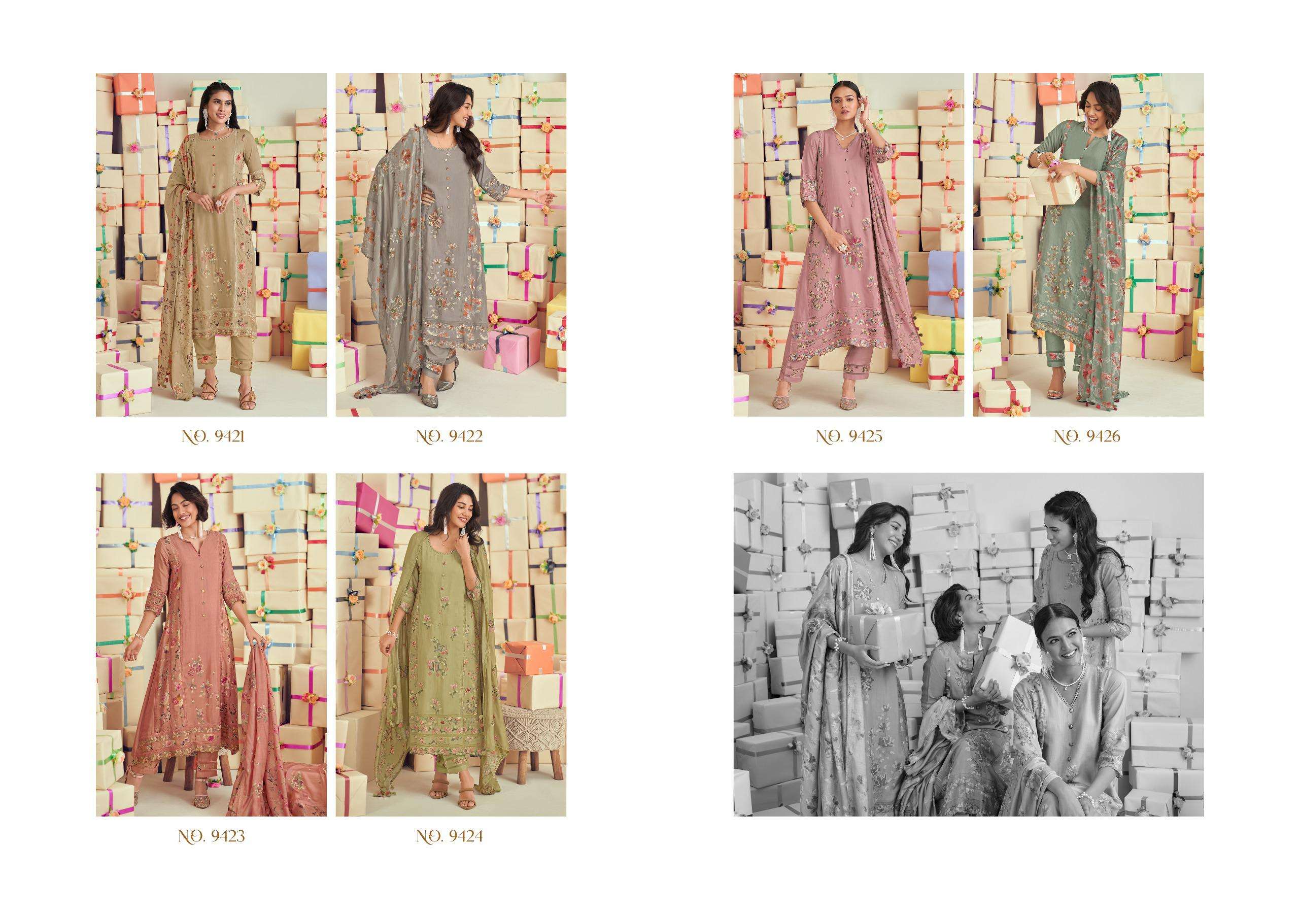 uphaar by jayvijay 9421-9426 series pure muslin silk designer salwar kameez catalogue wholesaler surat 