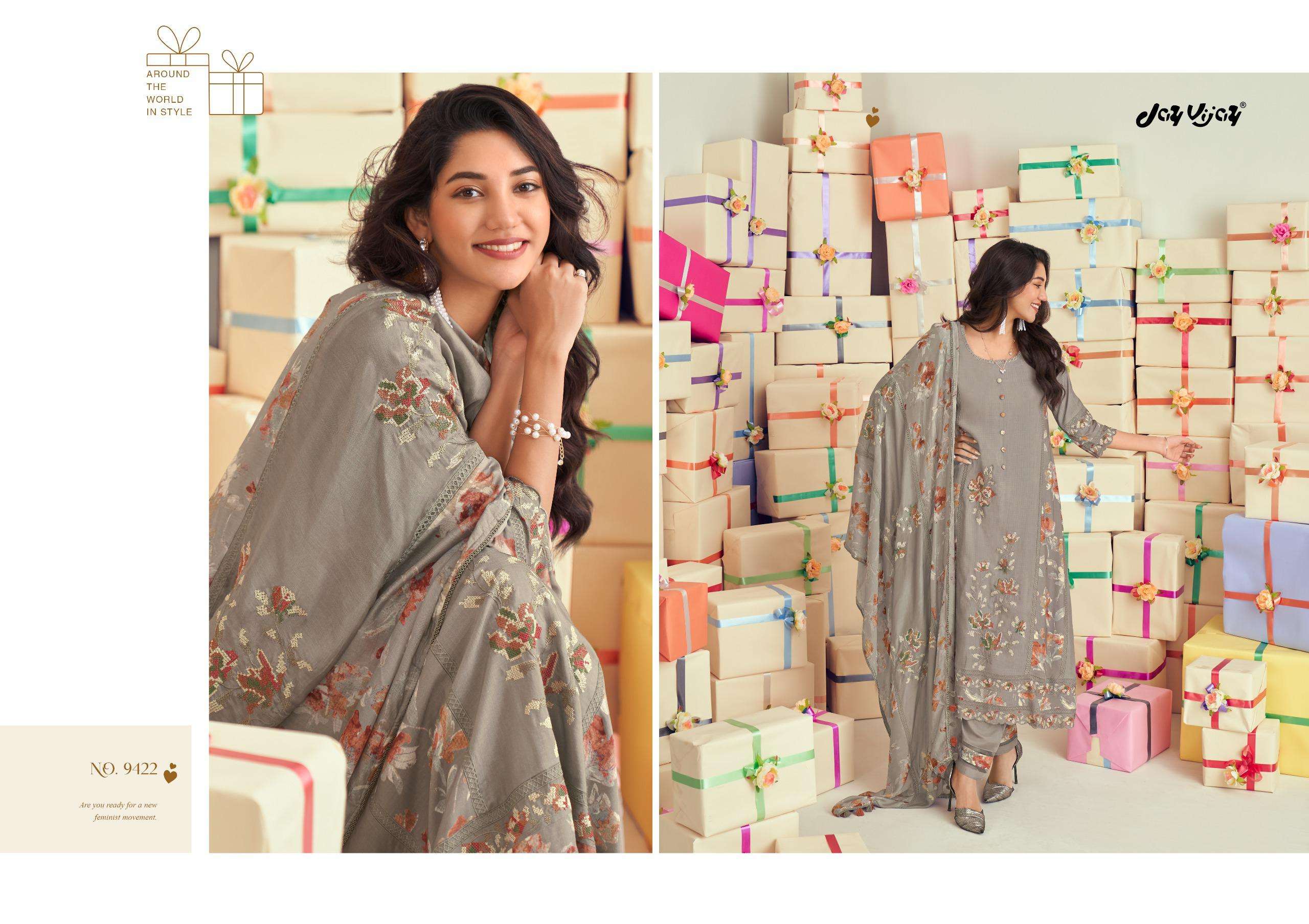 uphaar by jayvijay 9421-9426 series pure muslin silk designer salwar kameez catalogue wholesaler surat 