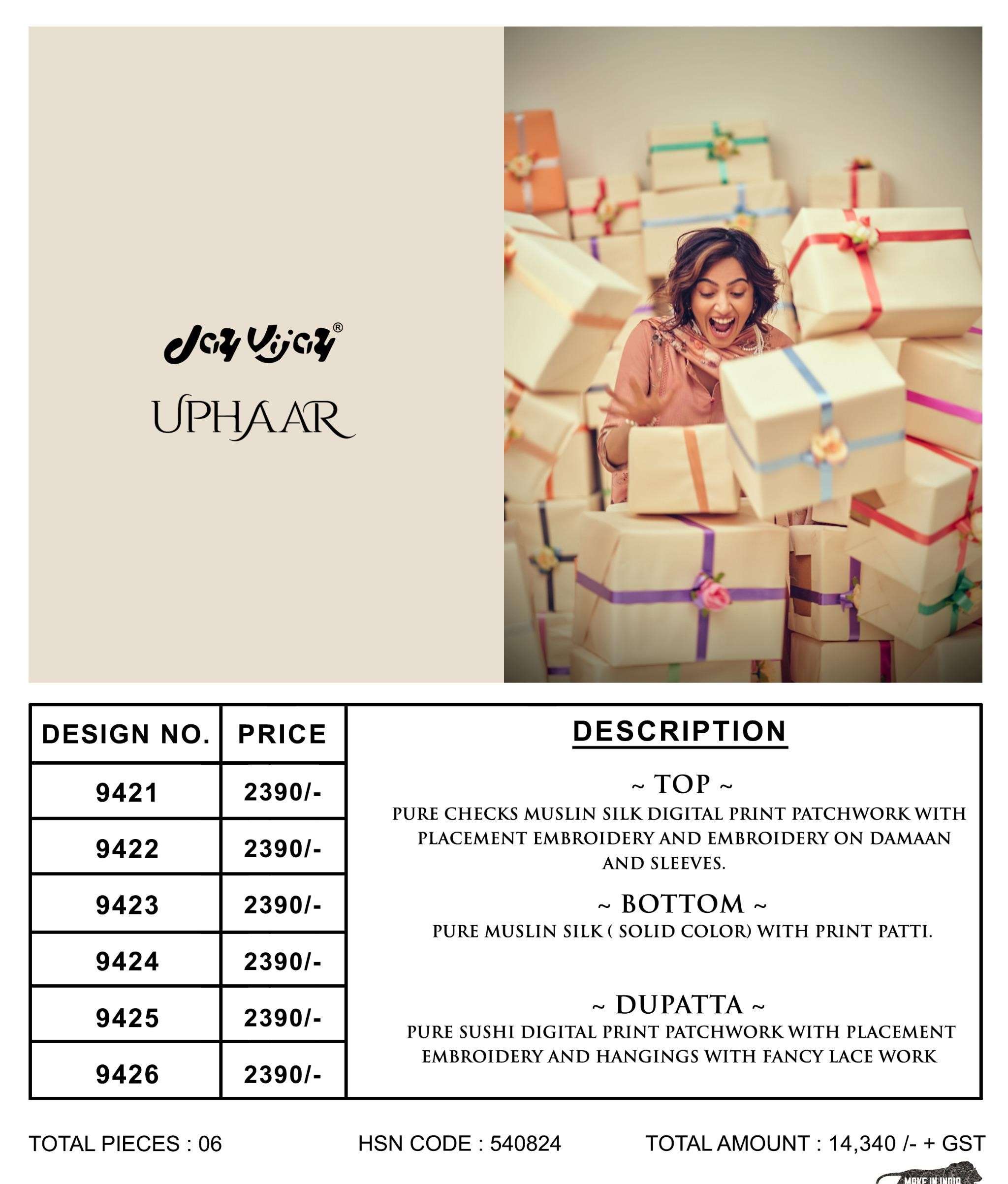 uphaar by jayvijay 9421-9426 series pure muslin silk designer salwar kameez catalogue wholesaler surat 