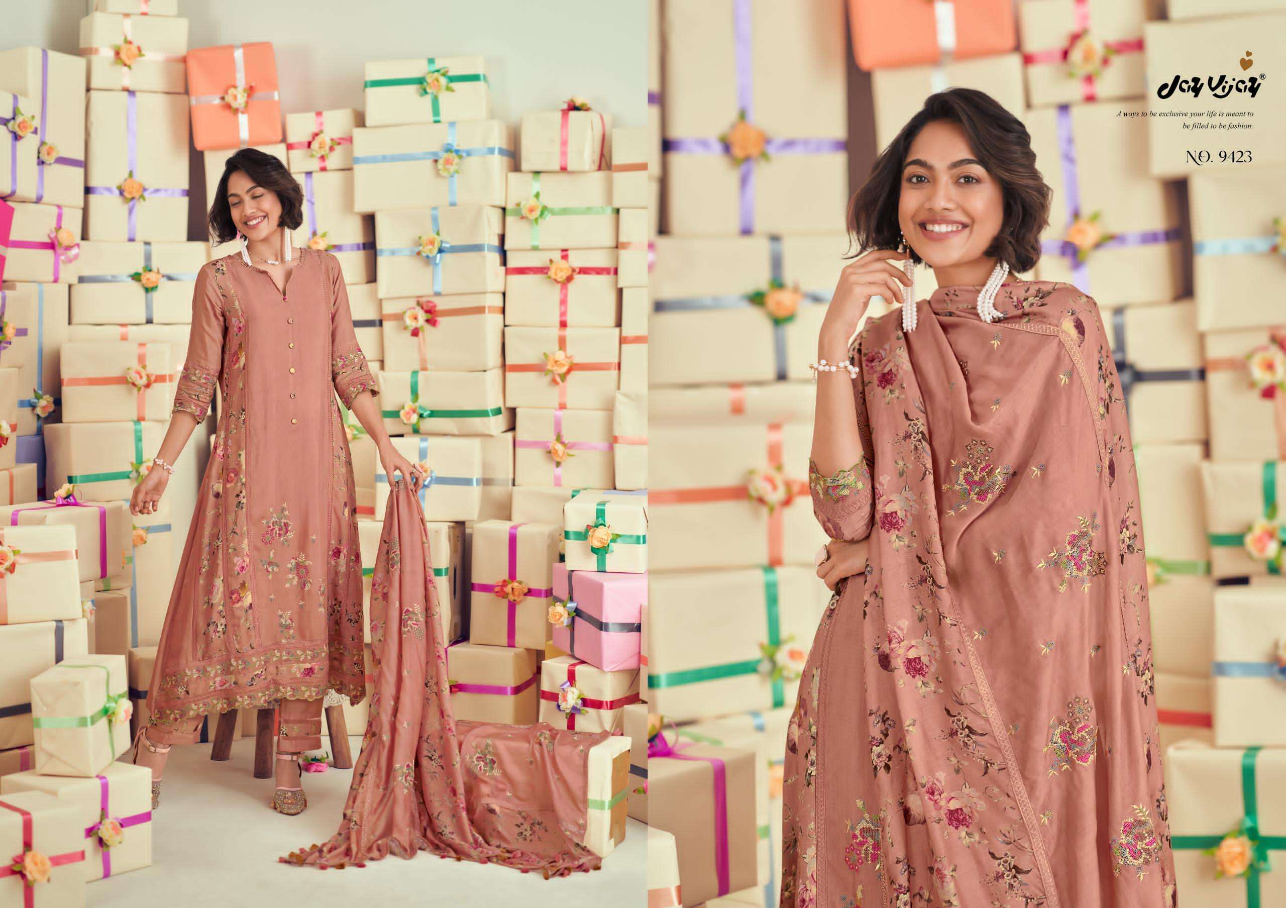 uphaar by jayvijay 9421-9426 series pure muslin silk designer salwar kameez catalogue wholesaler surat 