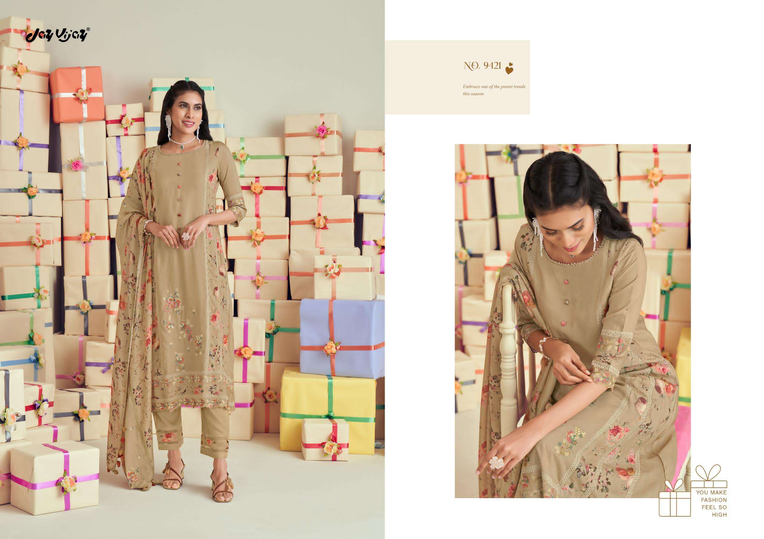 uphaar by jayvijay 9421-9426 series pure muslin silk designer salwar kameez catalogue wholesaler surat 