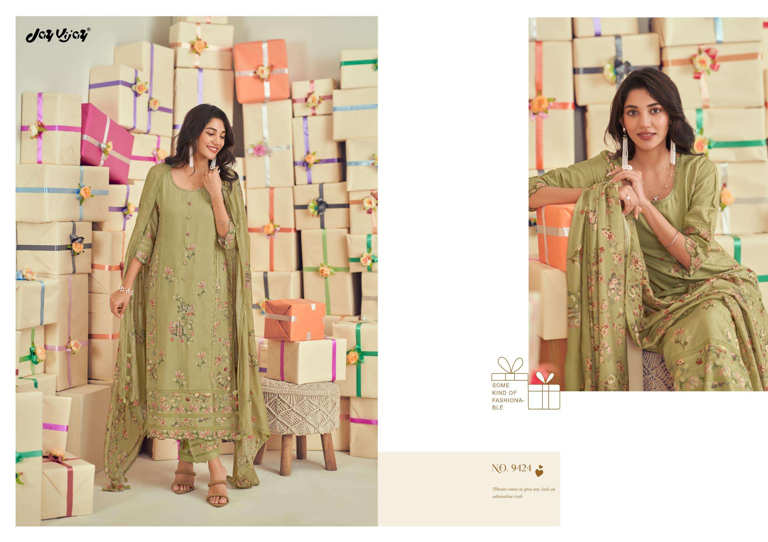 uphaar by jayvijay 9421-9426 series pure muslin silk designer salwar kameez catalogue wholesaler surat 