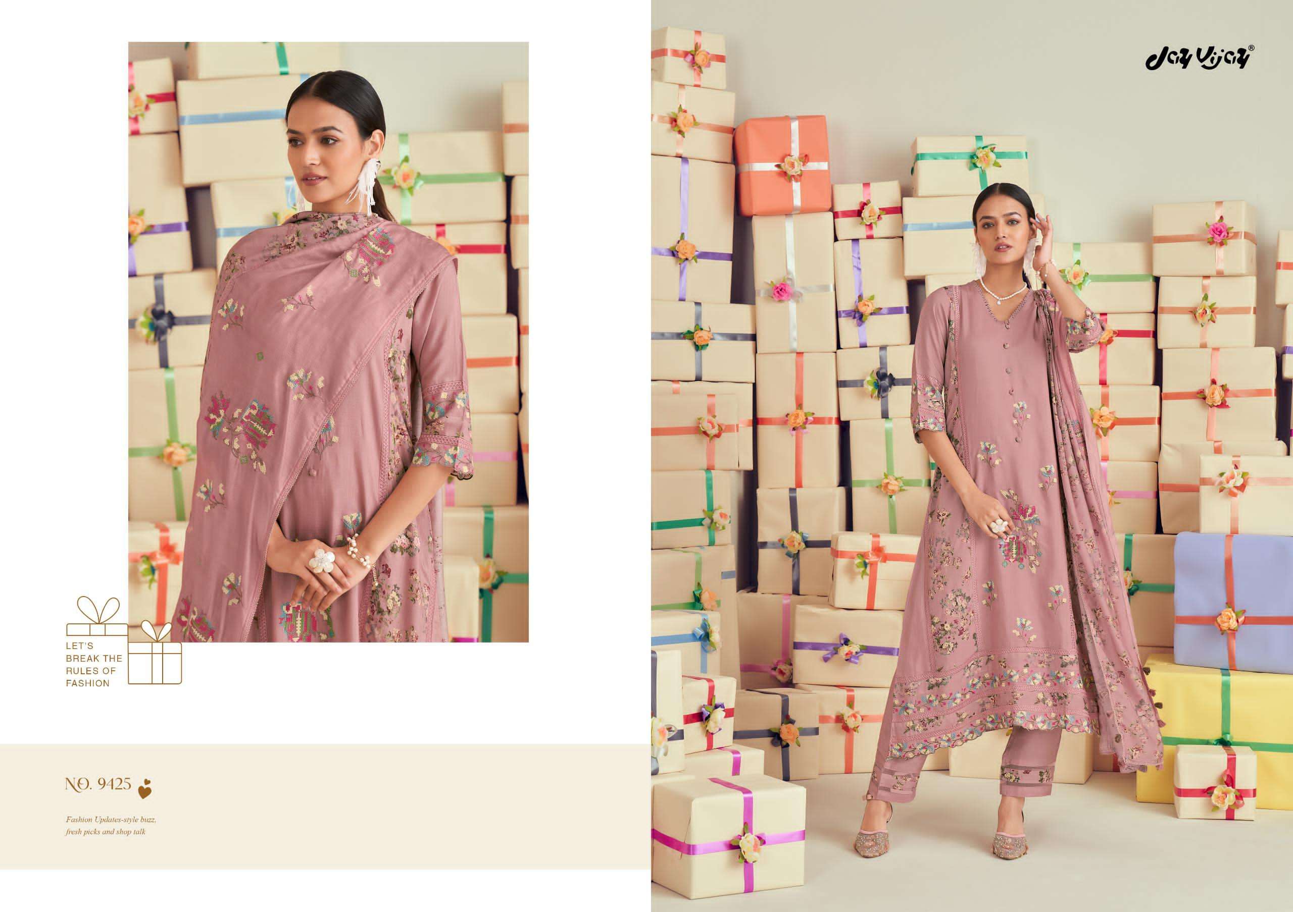 uphaar by jayvijay 9421-9426 series pure muslin silk designer salwar kameez catalogue wholesaler surat 