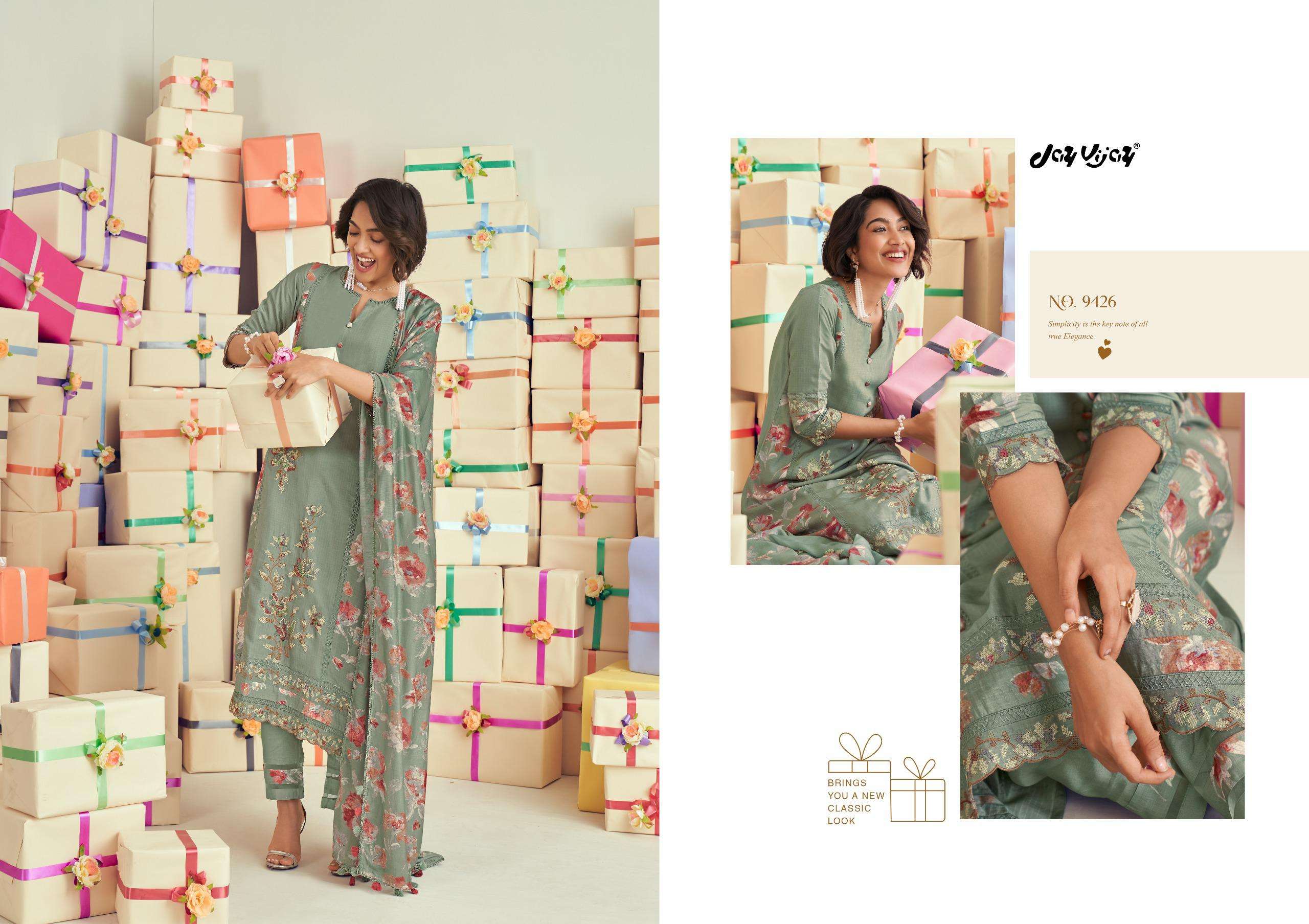 uphaar by jayvijay 9421-9426 series pure muslin silk designer salwar kameez catalogue wholesaler surat 