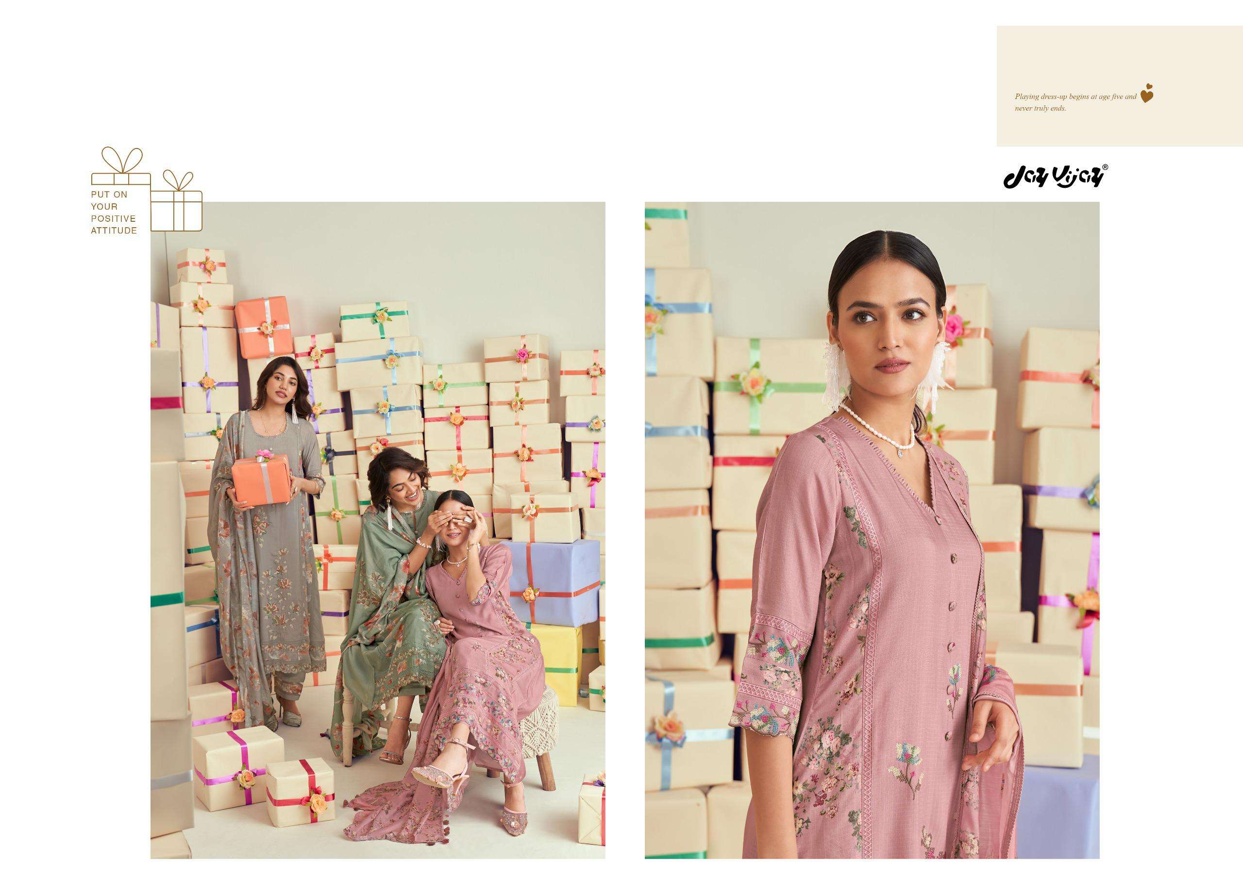 uphaar by jayvijay 9421-9426 series pure muslin silk designer salwar kameez catalogue wholesaler surat 